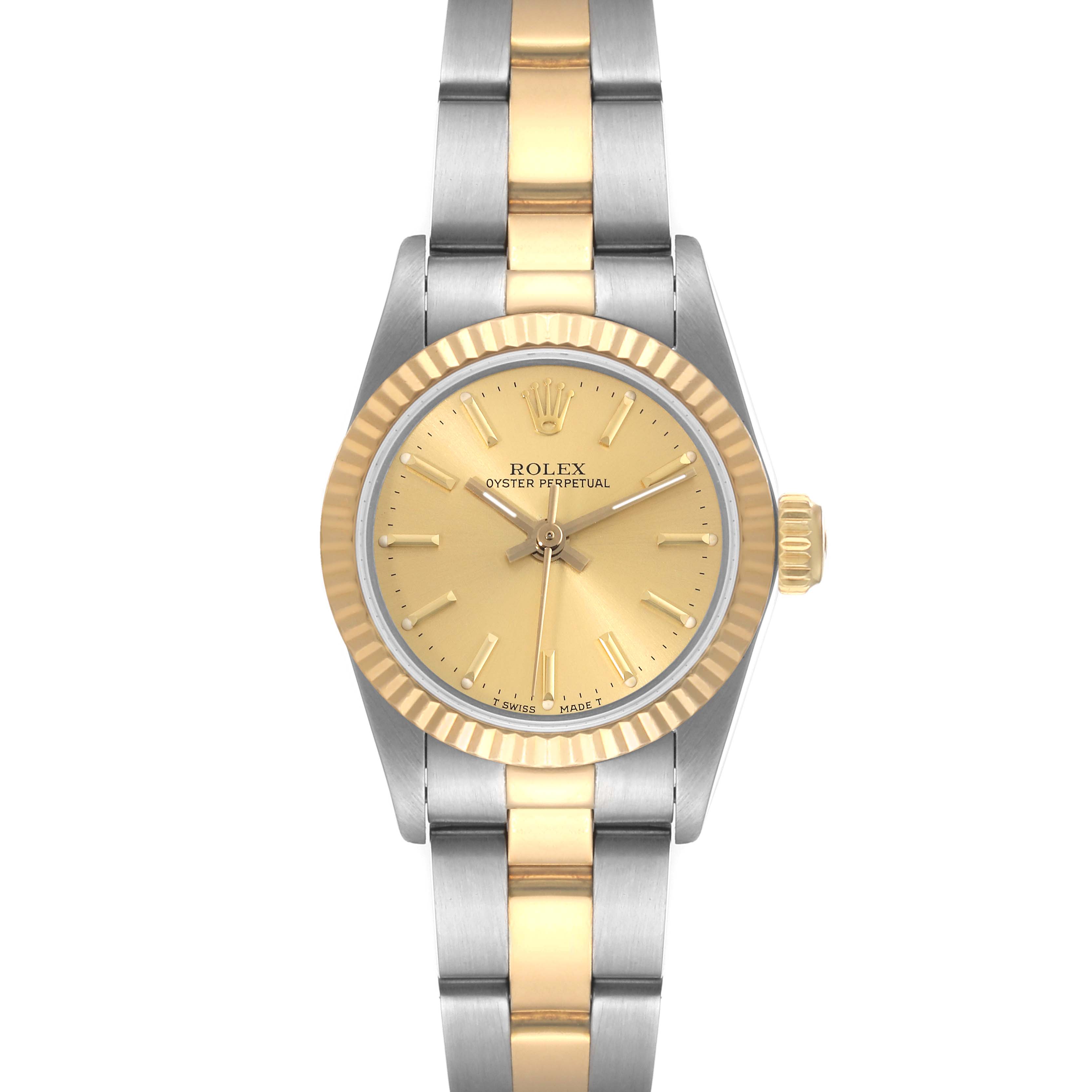 This Rolex Oyster Perpetual 67193 Women's Steel and Gold (two tone) Champagne Dial 67193 Women's Steel and Gold (two tone) Champagne Dial watch is shown from a front angle, displaying its face, hands, bezel, and two-tone bracelet.