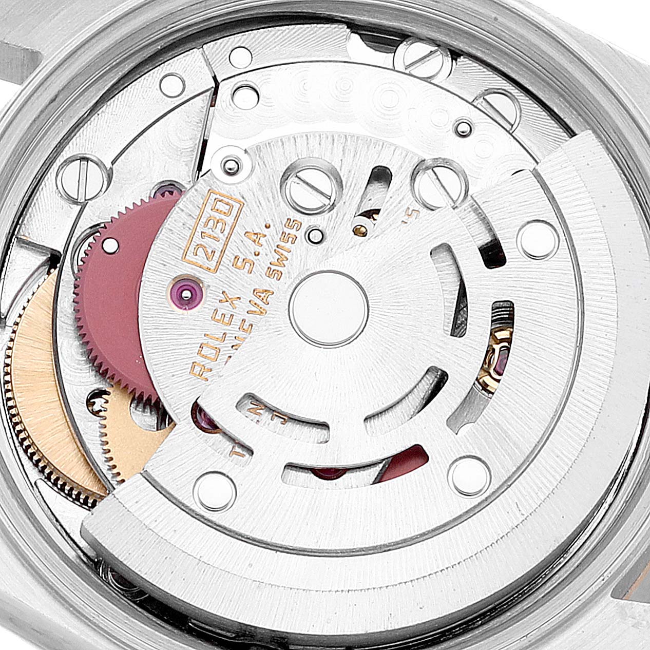 This image shows the internal mechanical movement parts of a Rolex Oyster Perpetual 67193 Women's Steel and Gold (two tone) Champagne Dial 67193 Women's Steel and Gold (two tone) Champagne Dial watch from a close-up angle.