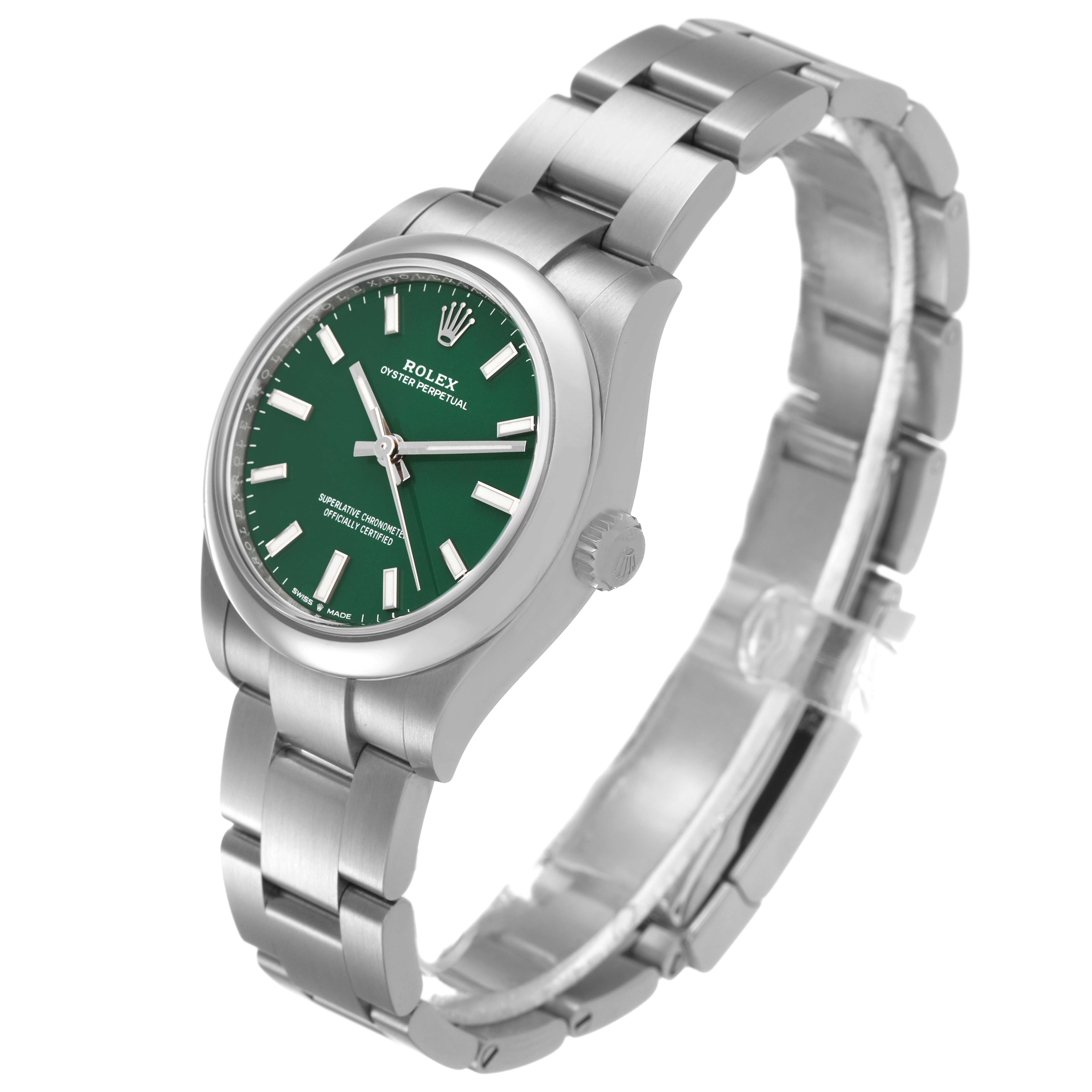 The Rolex Oyster Perpetual 277200 Women's Stainless Steel Green Dial watch is shown at a three-quarter angle, highlighting its green dial, case, and stainless steel bracelet.