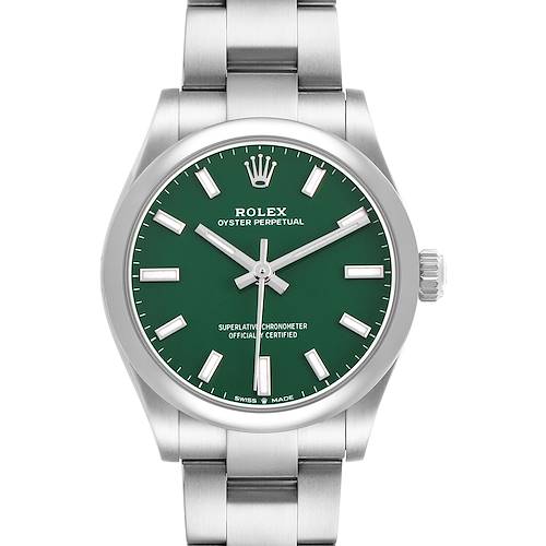 The Rolex Oyster Perpetual 277200 Women's Stainless Steel Green Dial watch is shown from the front, highlighting the dial, hour markers, hands, and part of the bracelet.