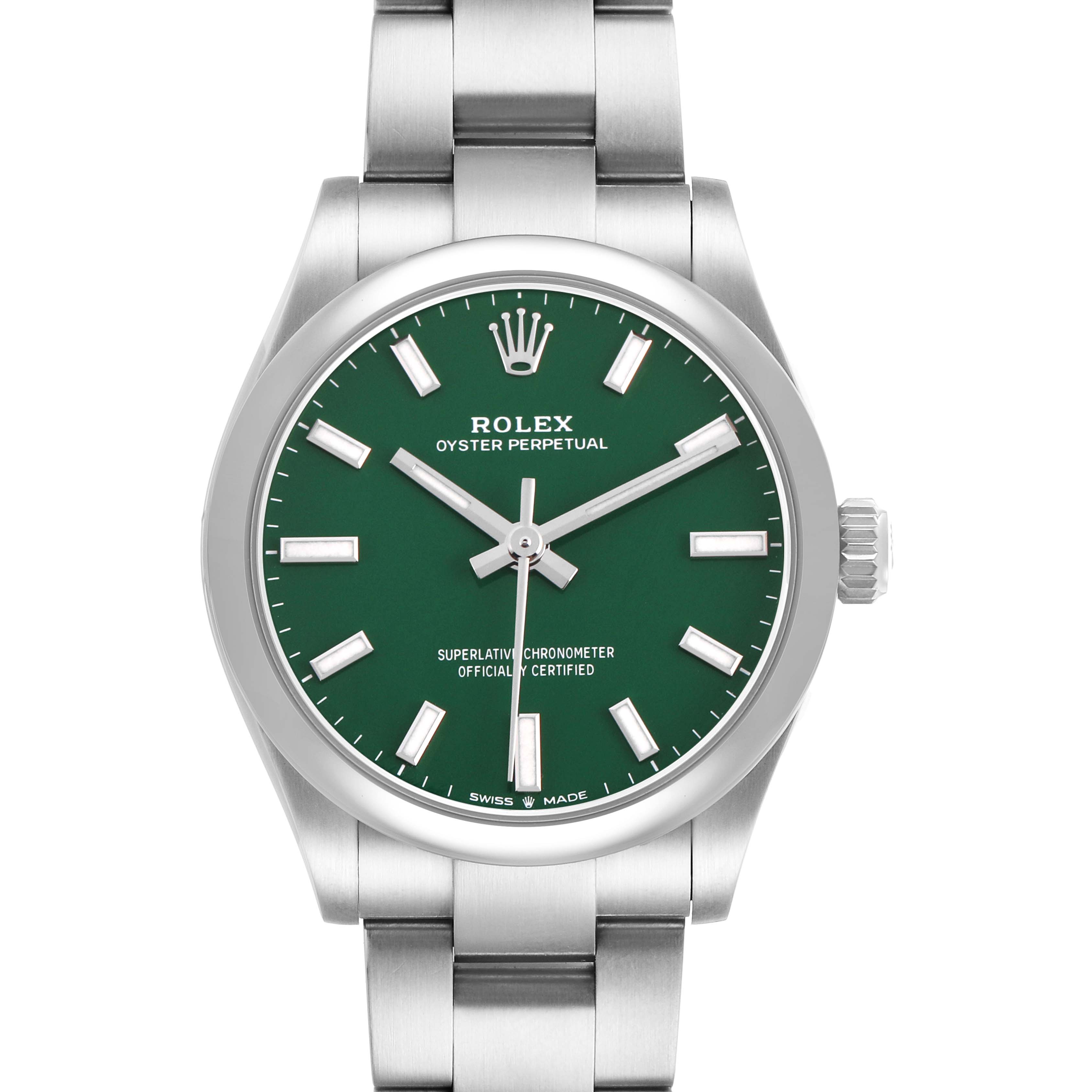 The Rolex Oyster Perpetual 277200 Women's Stainless Steel Green Dial watch is shown from the front, displaying the dial, hands, crown, and part of the bracelet.
