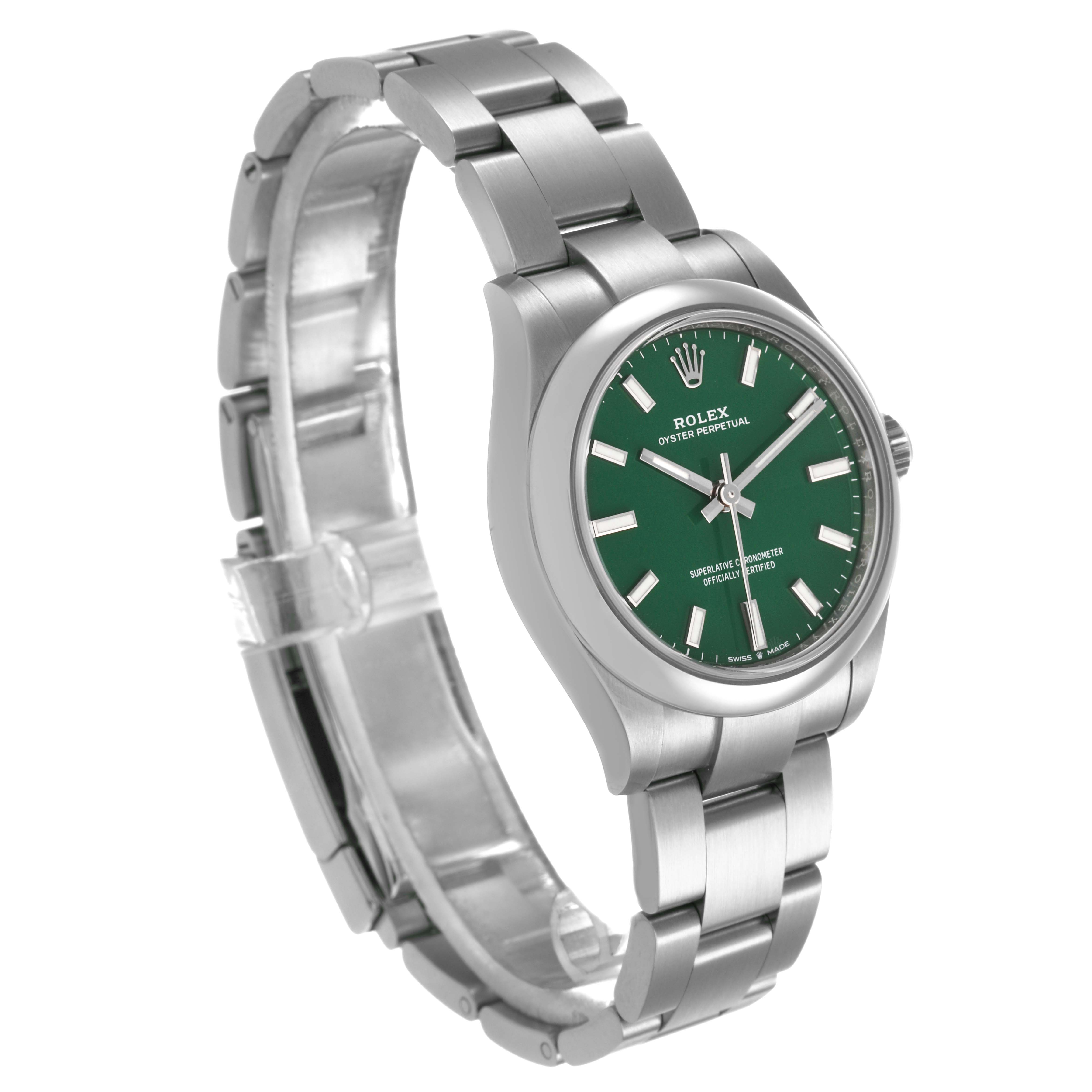 The Rolex Oyster Perpetual 277200 Women's Stainless Steel Green Dial watch is shown at a three-quarter angle, highlighting its green dial and stainless steel bracelet.