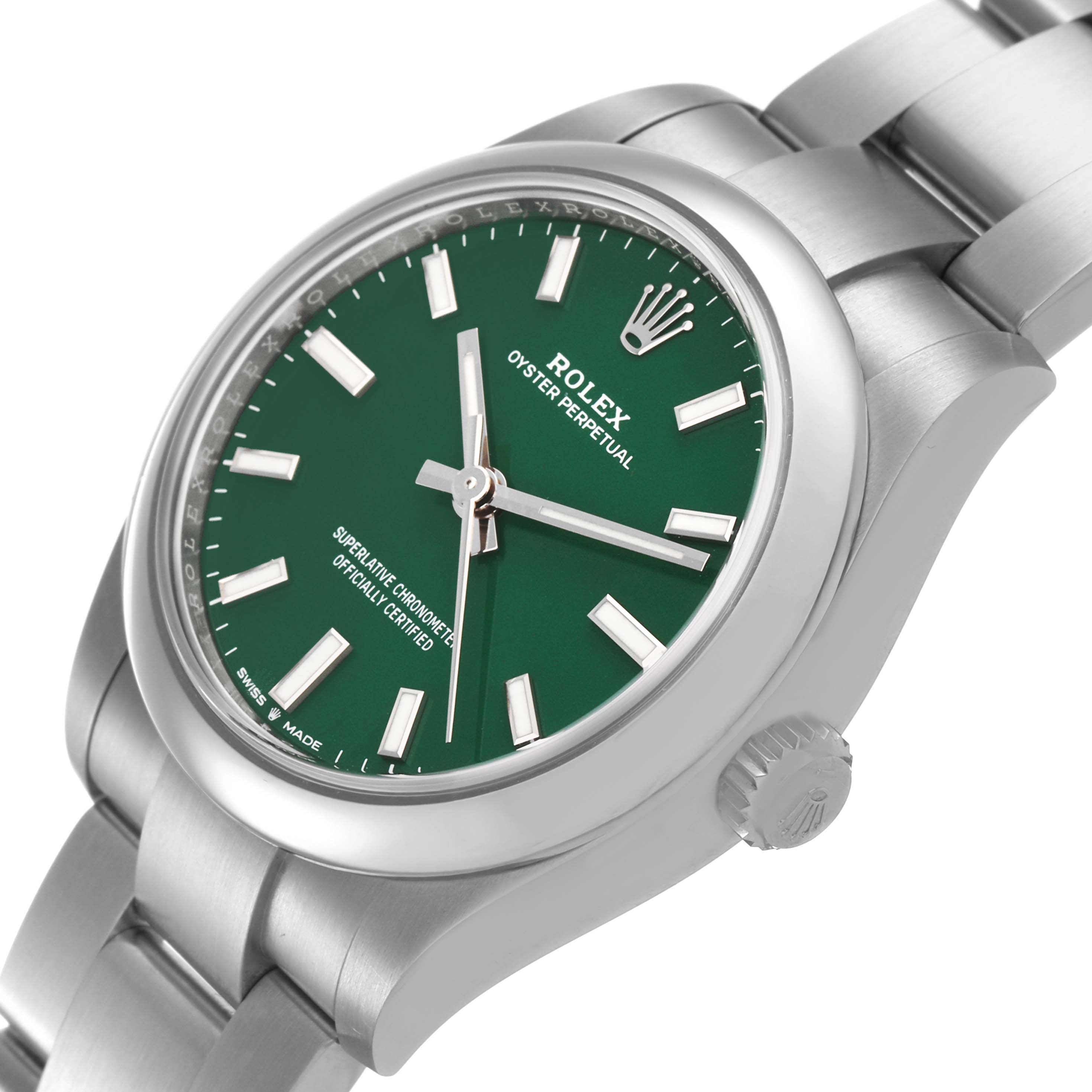 The Rolex Oyster Perpetual 277200 Women's Stainless Steel Green Dial watch is shown at a slight side angle, highlighting the face, dial, crown, and bracelet.