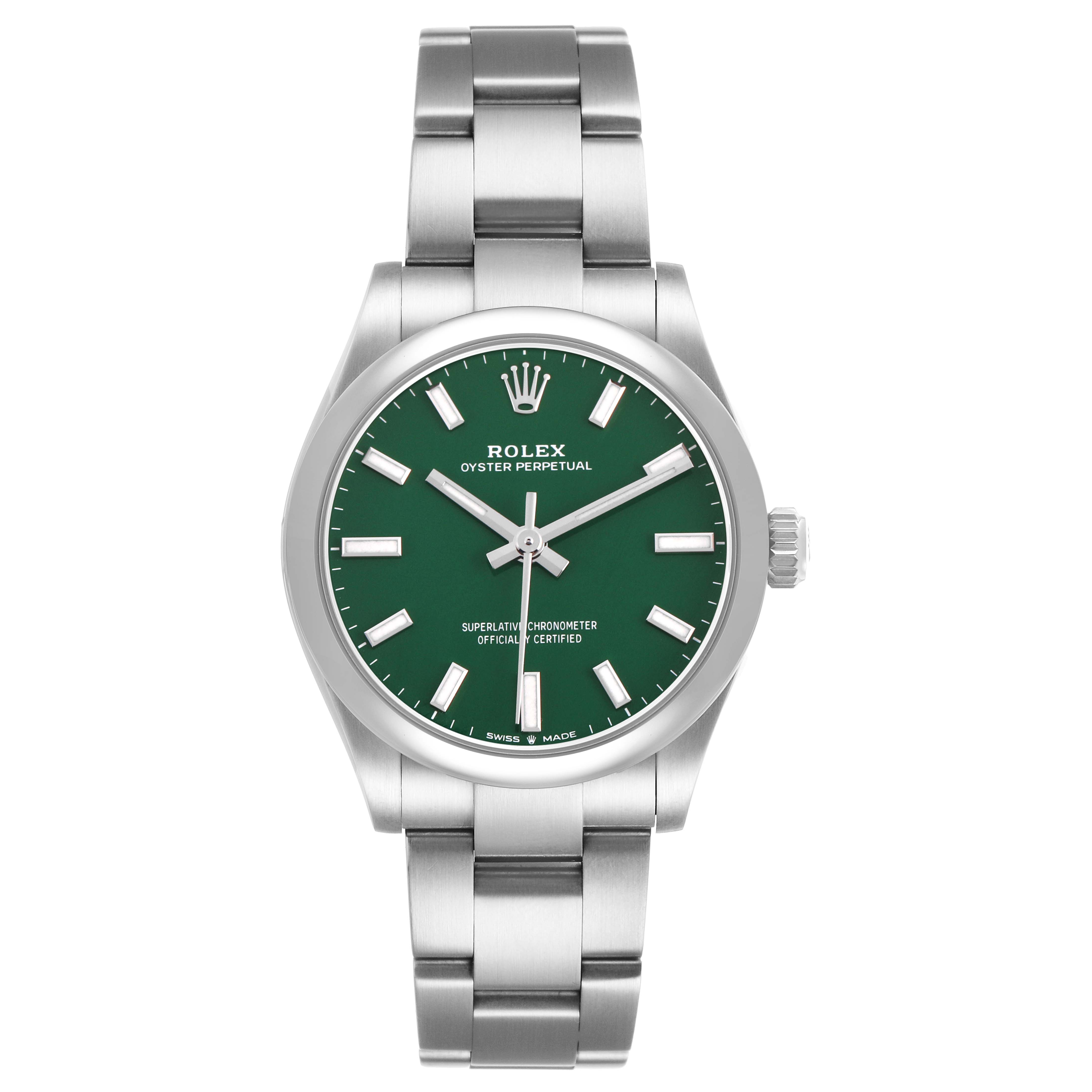 The Rolex Oyster Perpetual 277200 Women's Stainless Steel Green Dial watch is shown from a front angle, highlighting the green dial, stainless steel bracelet, and crown.