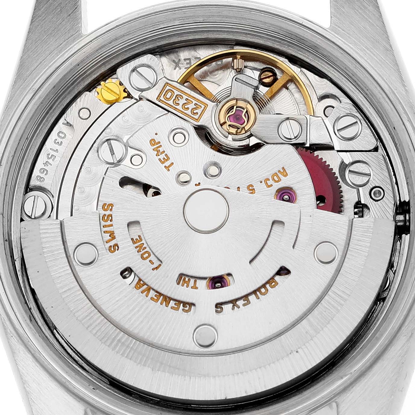 The image shows a close-up of the movement from the back of a Rolex Oyster Perpetual 76030 Women's Stainless Steel White Dial 76030 Women's Stainless Steel White Dial watch.
