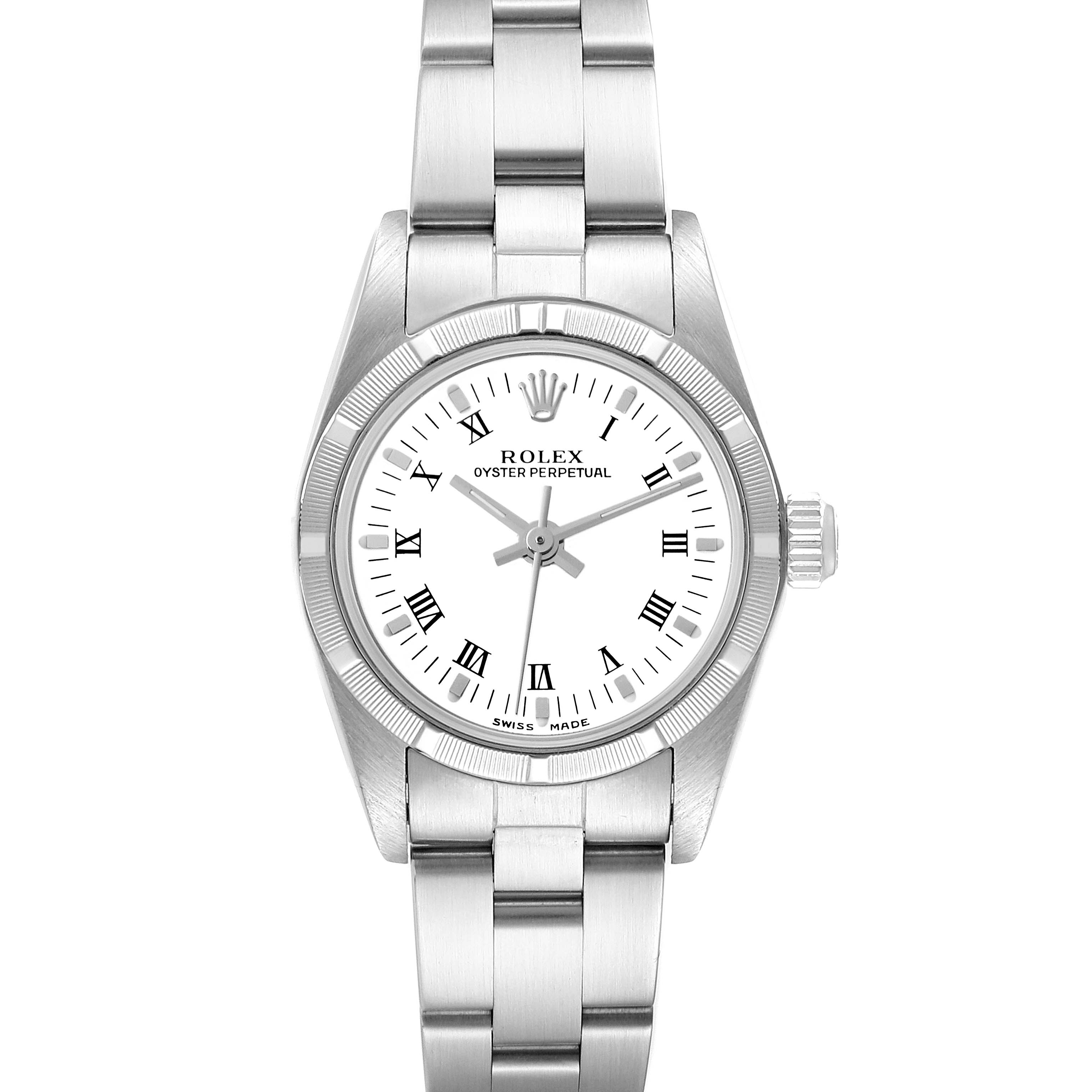 This image shows a front view of a Rolex Oyster Perpetual 76030 Women's Stainless Steel White Dial 76030 Women's Stainless Steel White Dial watch, displaying its dial, bezel, crown, and bracelet.