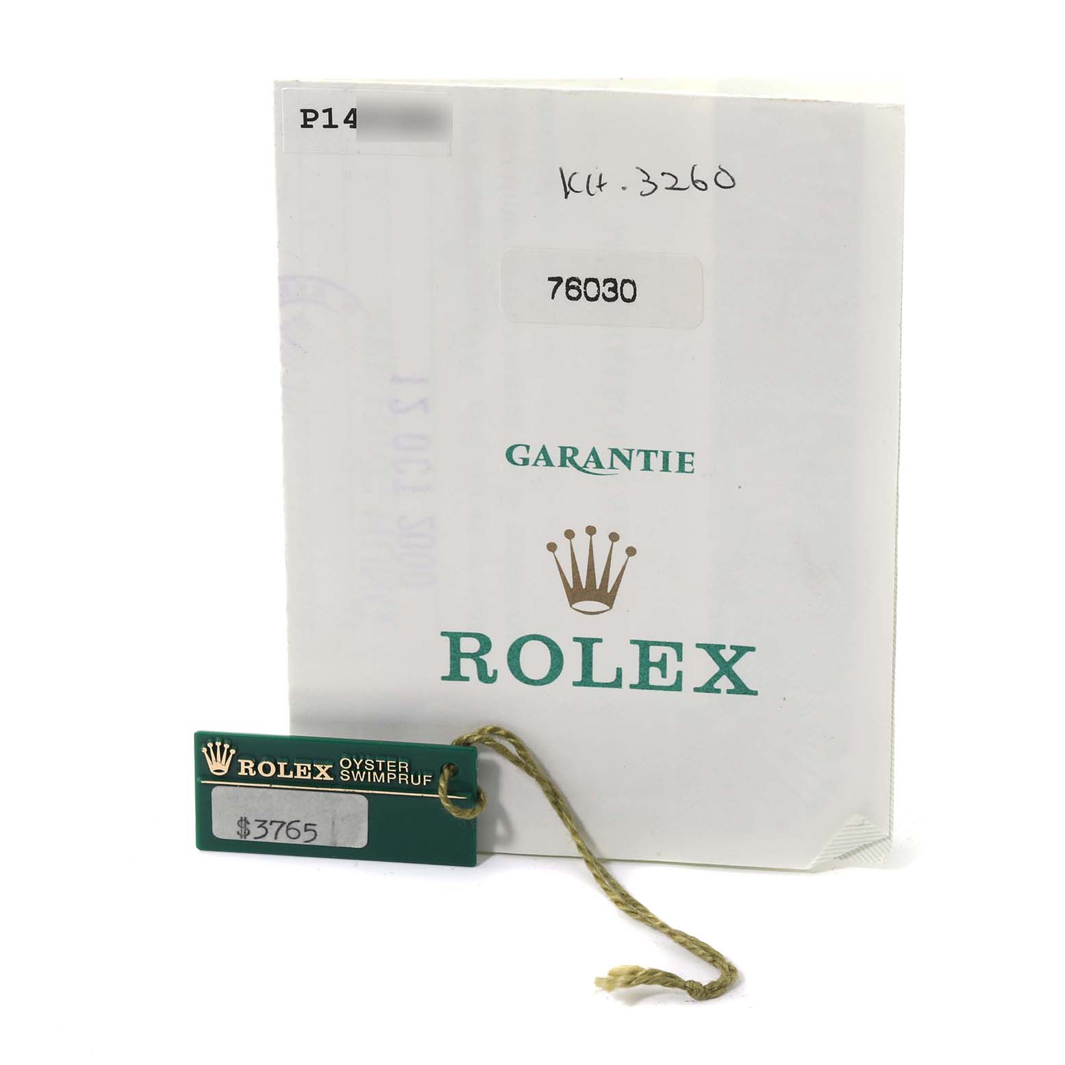 The image shows the warranty card and price tag of a Rolex Oyster Perpetual 76030 Women's Stainless Steel White Dial 76030 Women's Stainless Steel White Dial model.