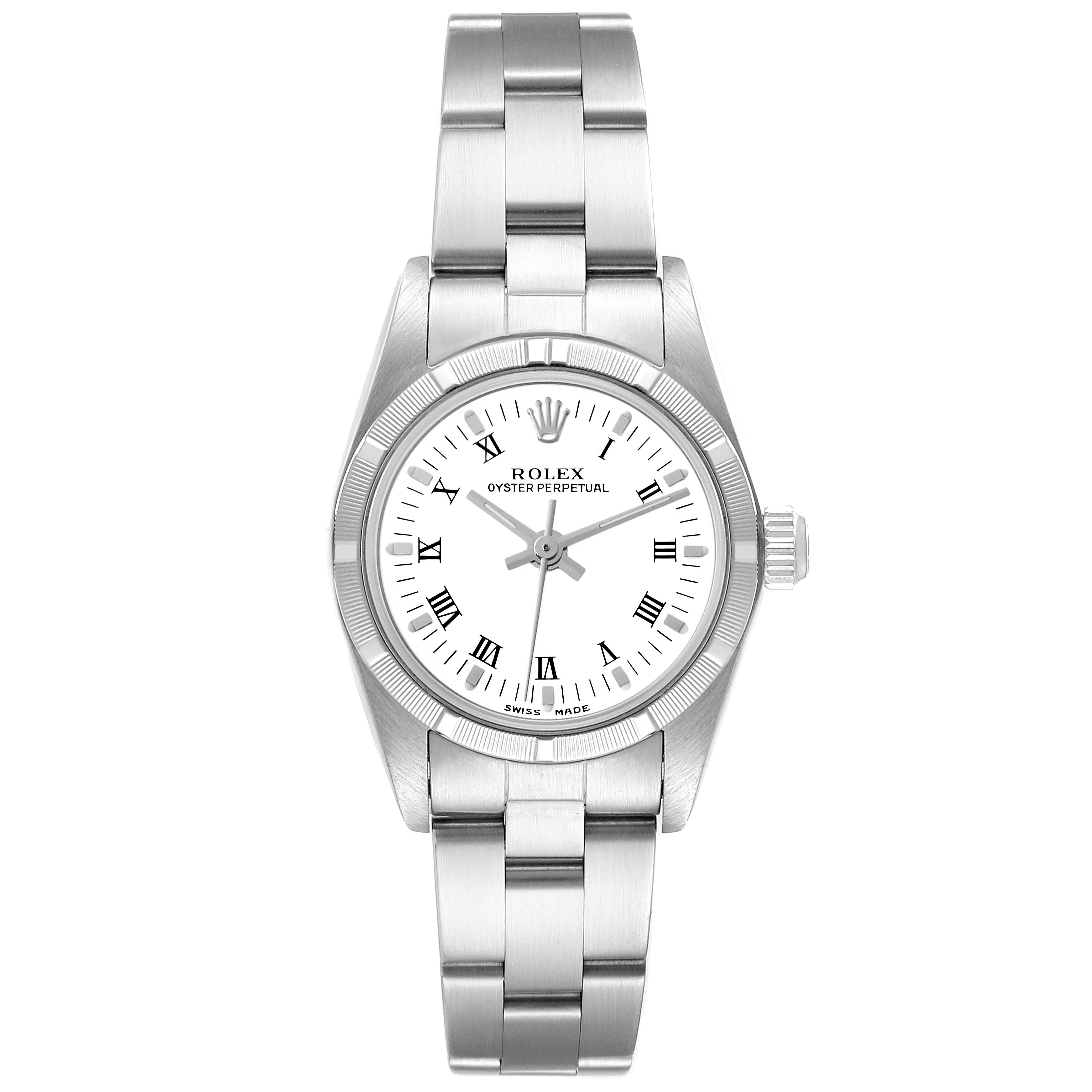 The image shows a front view of a Rolex Oyster Perpetual 76030 Women's Stainless Steel White Dial 76030 Women's Stainless Steel White Dial watch, displaying the face, bezel, and bracelet.