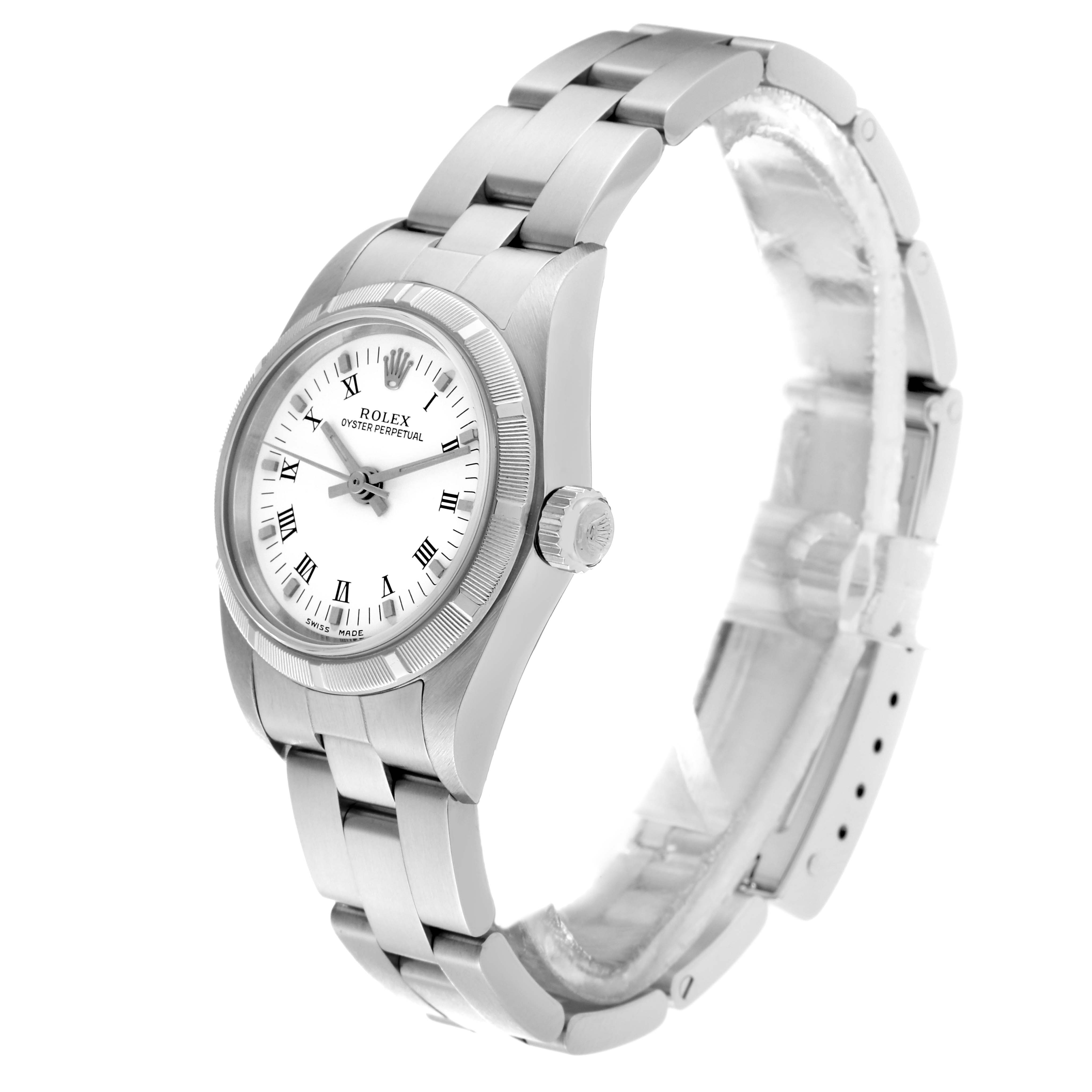 The image shows a side angle of a Rolex Oyster Perpetual 76030 Women's Stainless Steel White Dial 76030 Women's Stainless Steel White Dial watch, highlighting its bracelet, crown, and white dial with Roman numerals.