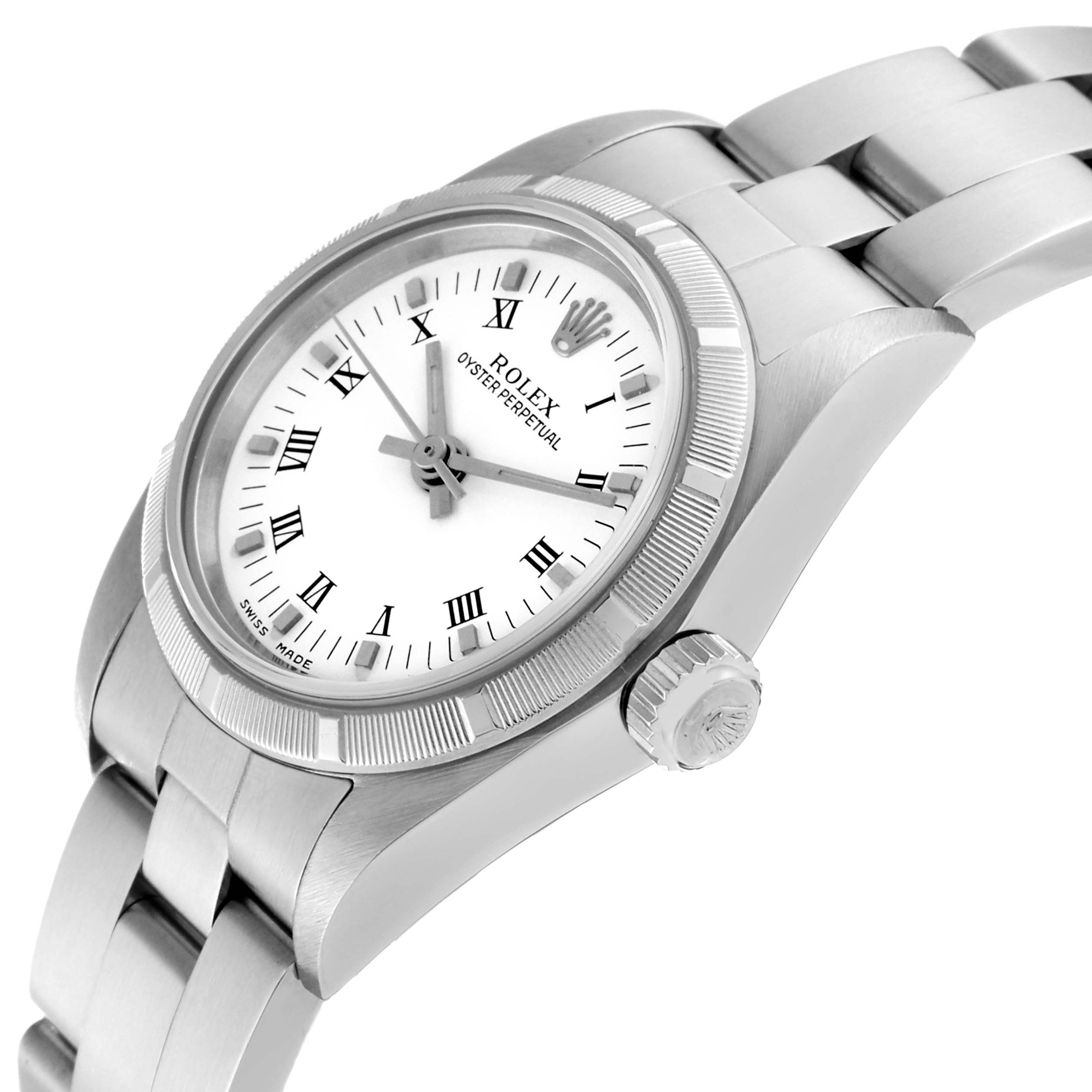 This image shows a side angle of a Rolex Oyster Perpetual 76030 Women's Stainless Steel White Dial 76030 Women's Stainless Steel White Dial watch, highlighting the dial, crown, and part of the bracelet.