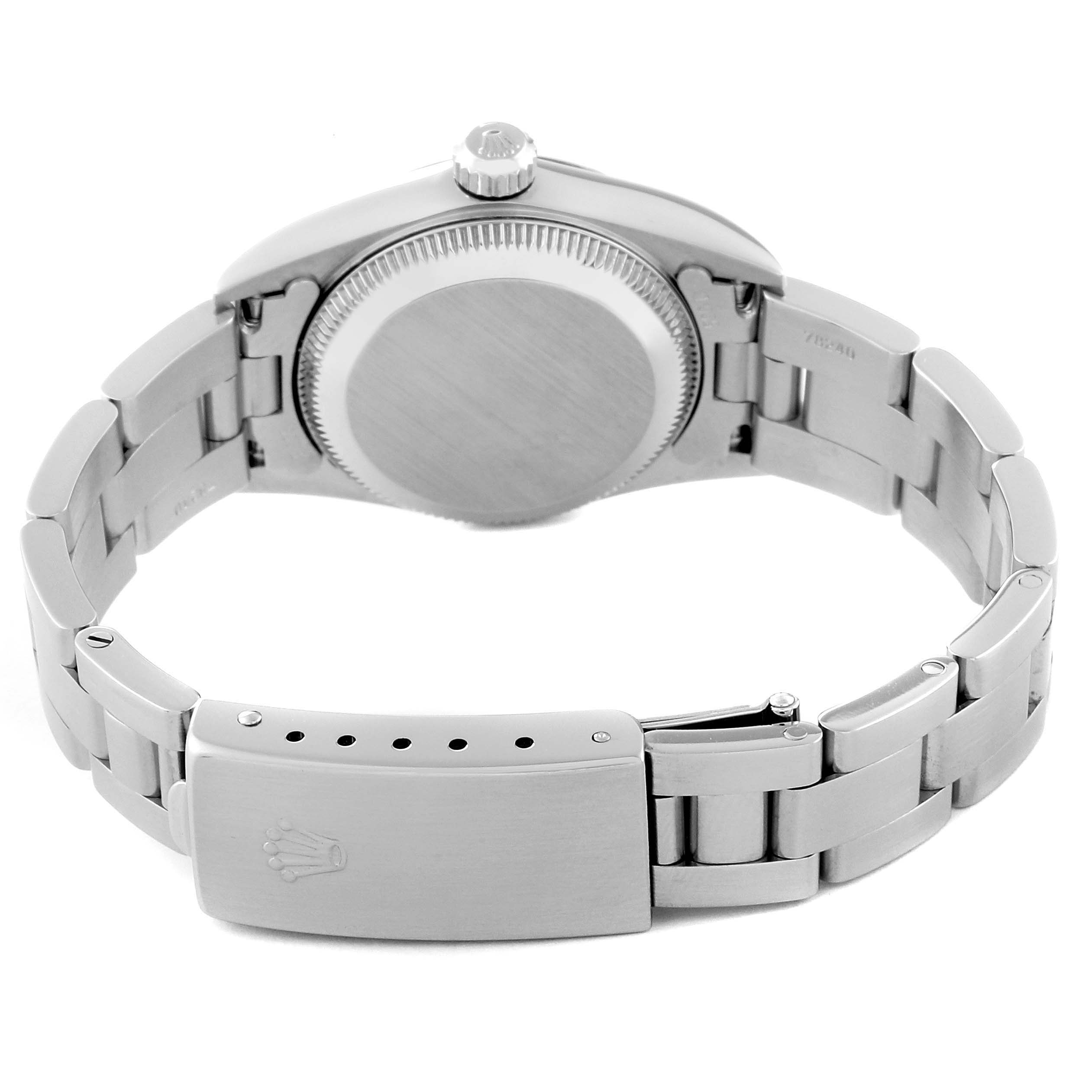 This image shows the back case and clasp of the Rolex Oyster Perpetual 76030 Women's Stainless Steel White Dial 76030 Women's Stainless Steel White Dial watch from a rear angle.