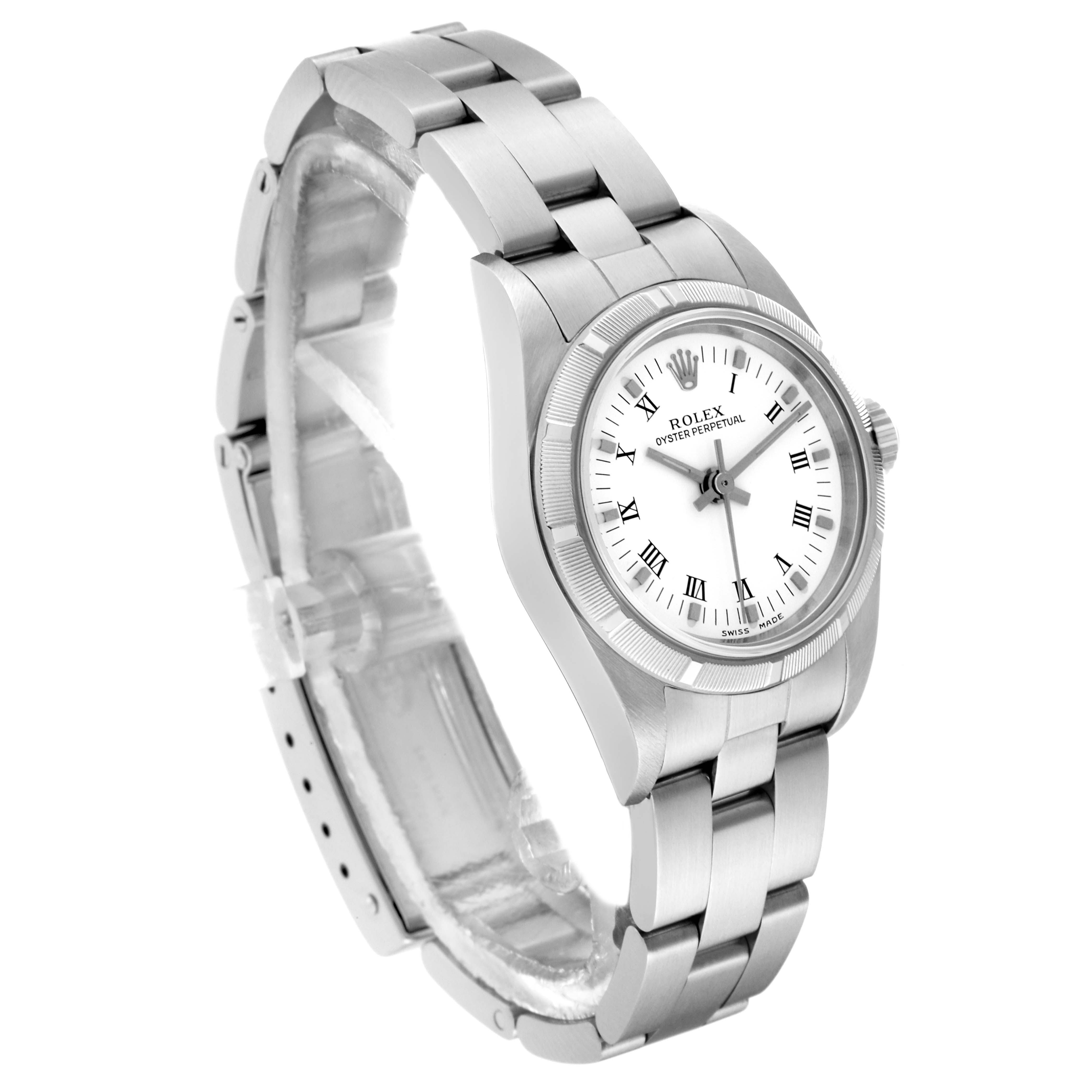 The image shows a side-angle view of the Rolex Oyster Perpetual 76030 Women's Stainless Steel White Dial 76030 Women's Stainless Steel White Dial watch, showcasing its bracelet, case, and crown.