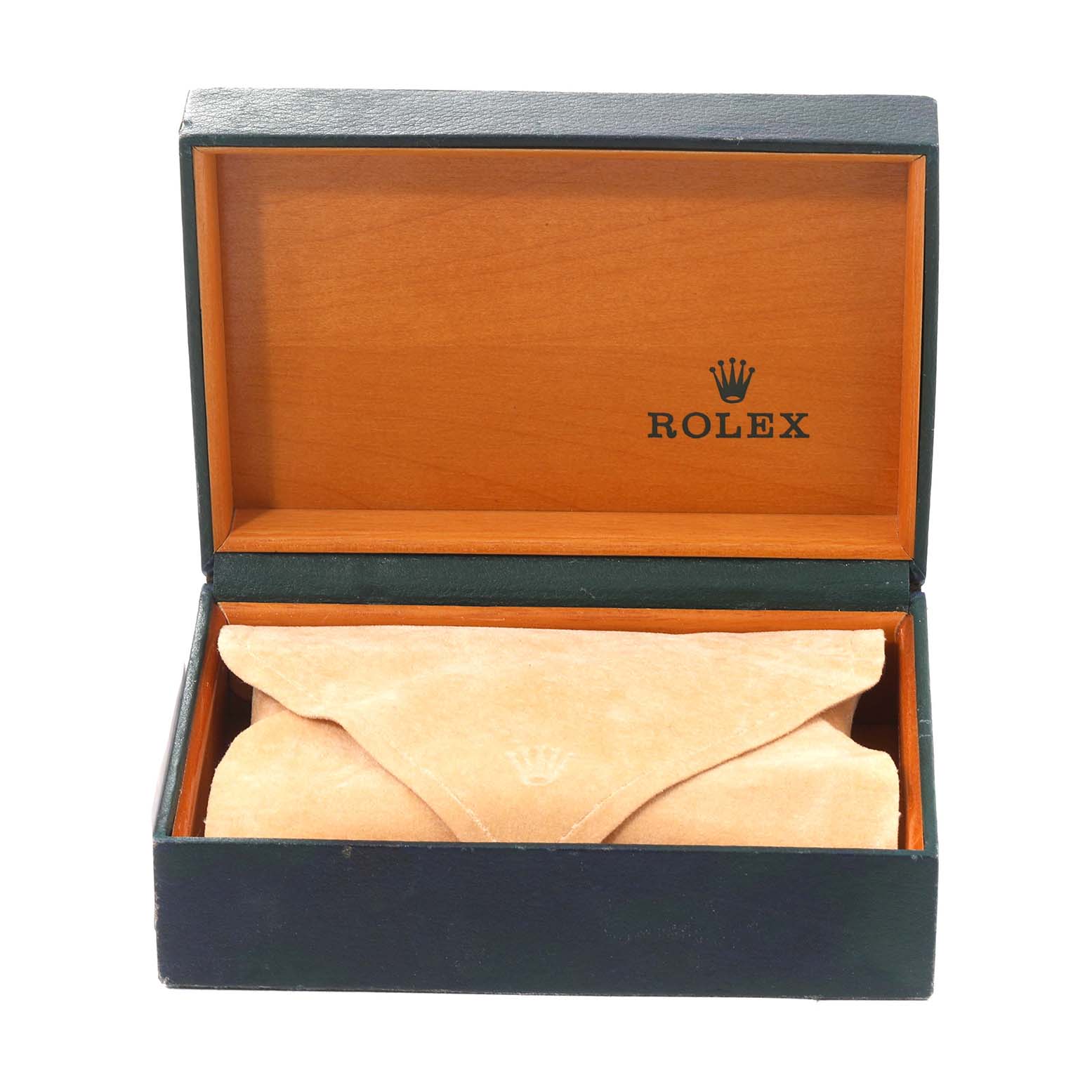 This image shows the open box for the Rolex Vintage Collection 6694 Men's Stainless Steel Blue Dial 6694 Men's Stainless Steel Blue Dial model, including a suede pouch inside.