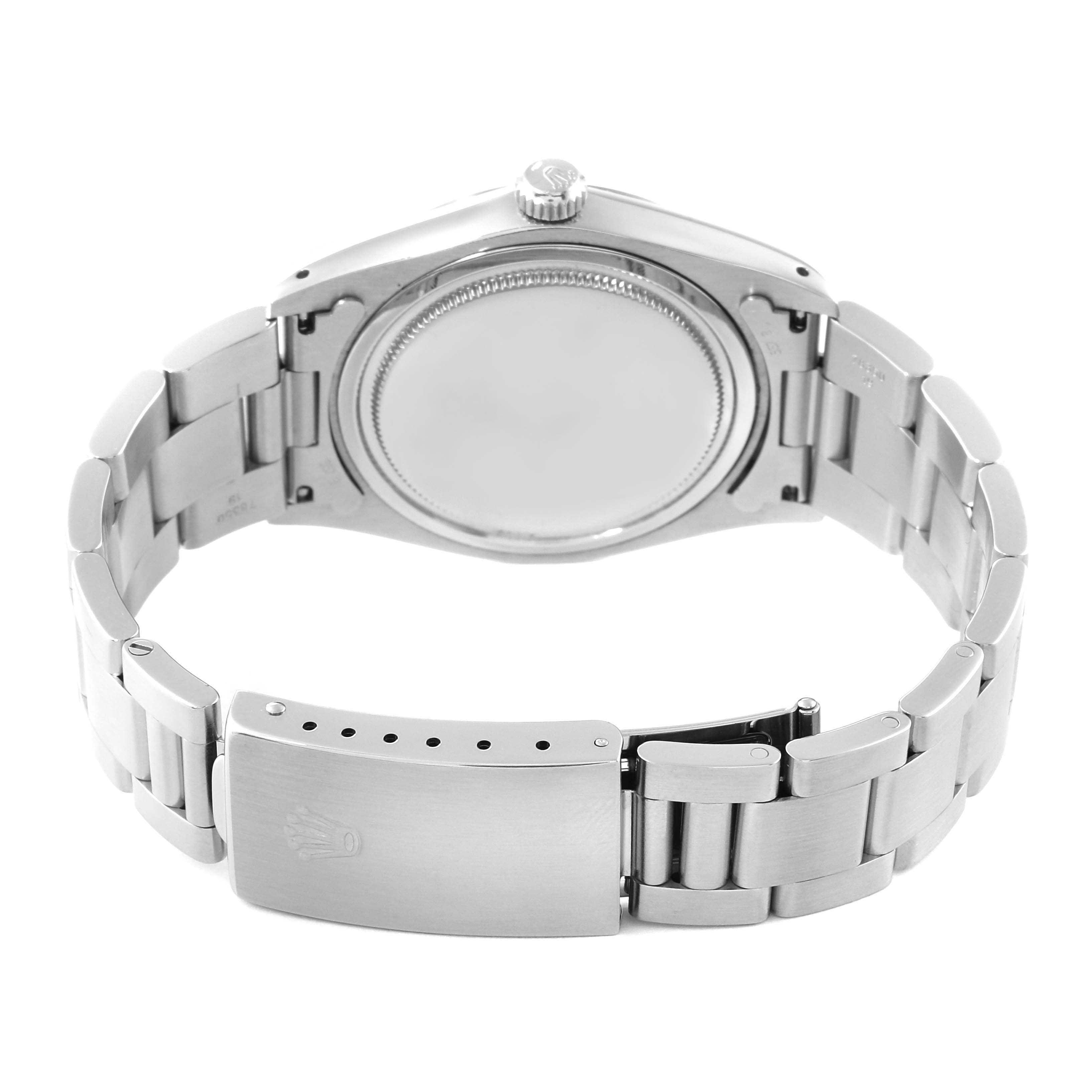 The image shows the back view of the Rolex Vintage Collection 6694 Men's Stainless Steel Blue Dial 6694 Men's Stainless Steel Blue Dial watch, highlighting the case back and bracelet clasp.