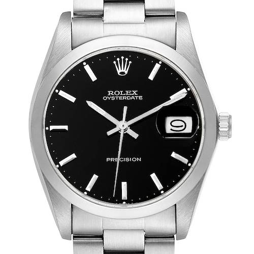 The image shows a front view of the Rolex Vintage Collection watch, highlighting its black dial, date display, and stainless steel bracelet.