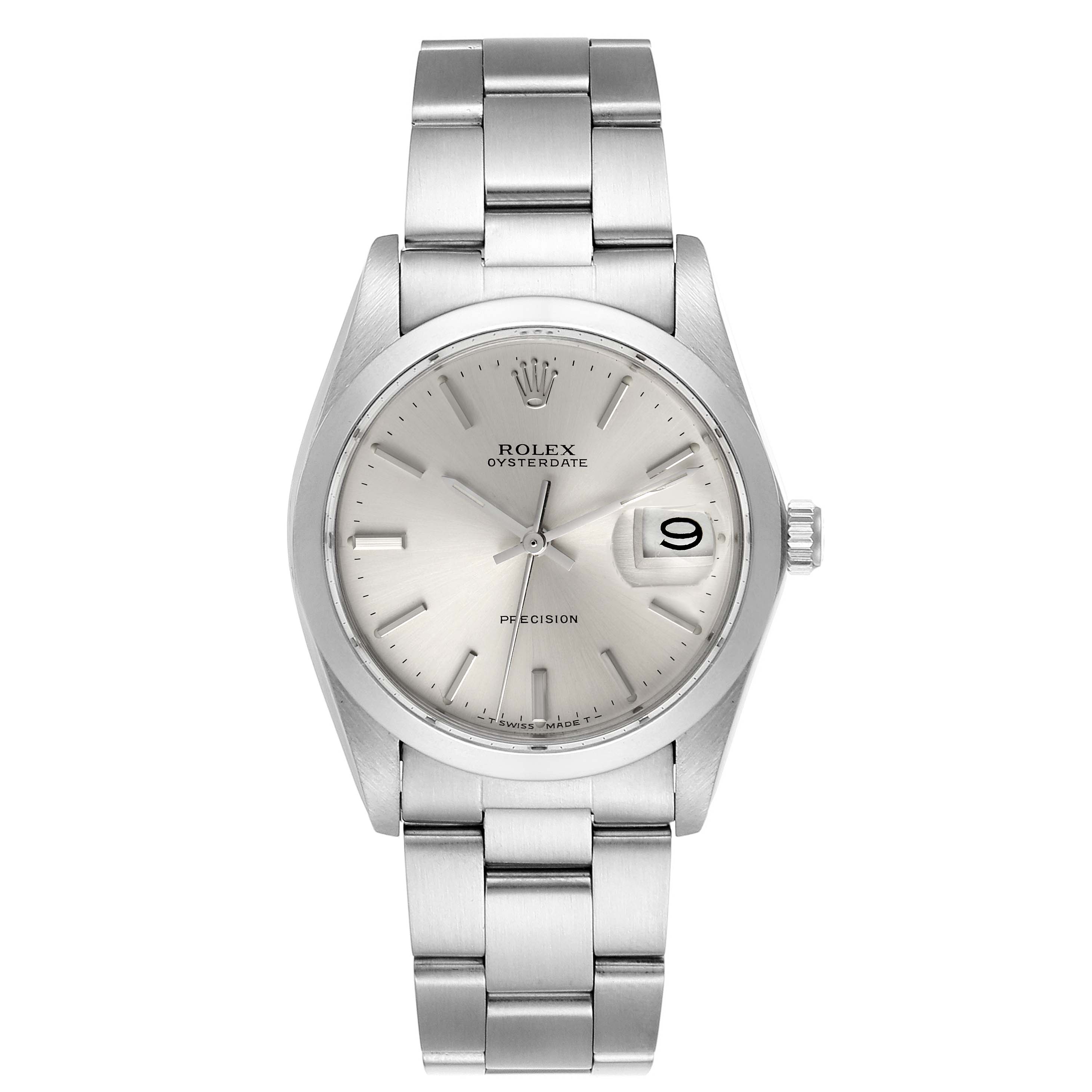 The image shows a front view of a Rolex Vintage Collection 6694 Men's Stainless Steel Silver Dial 6694 Men's Stainless Steel Silver Dial Oysterdate model with a silver dial and stainless steel bracelet.