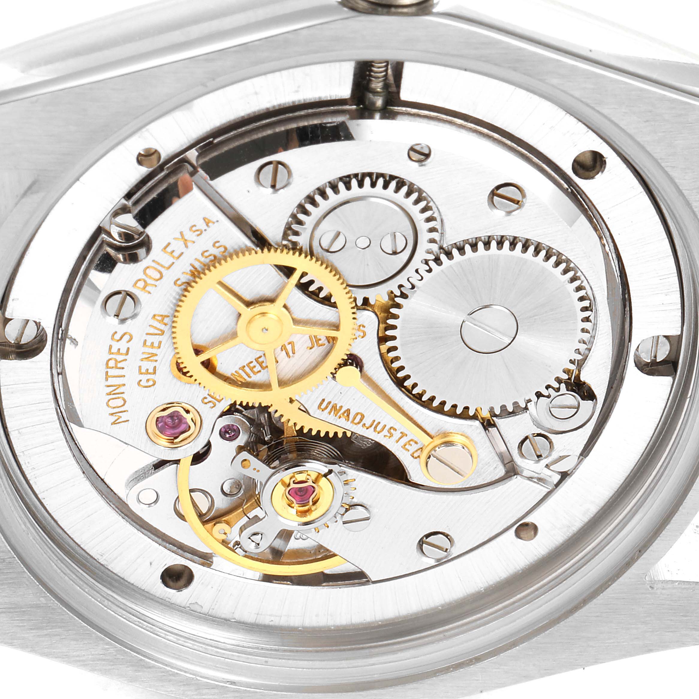 This image shows the intricate internal movement of a Vintage Collection model by Rolex from a top-down angle.