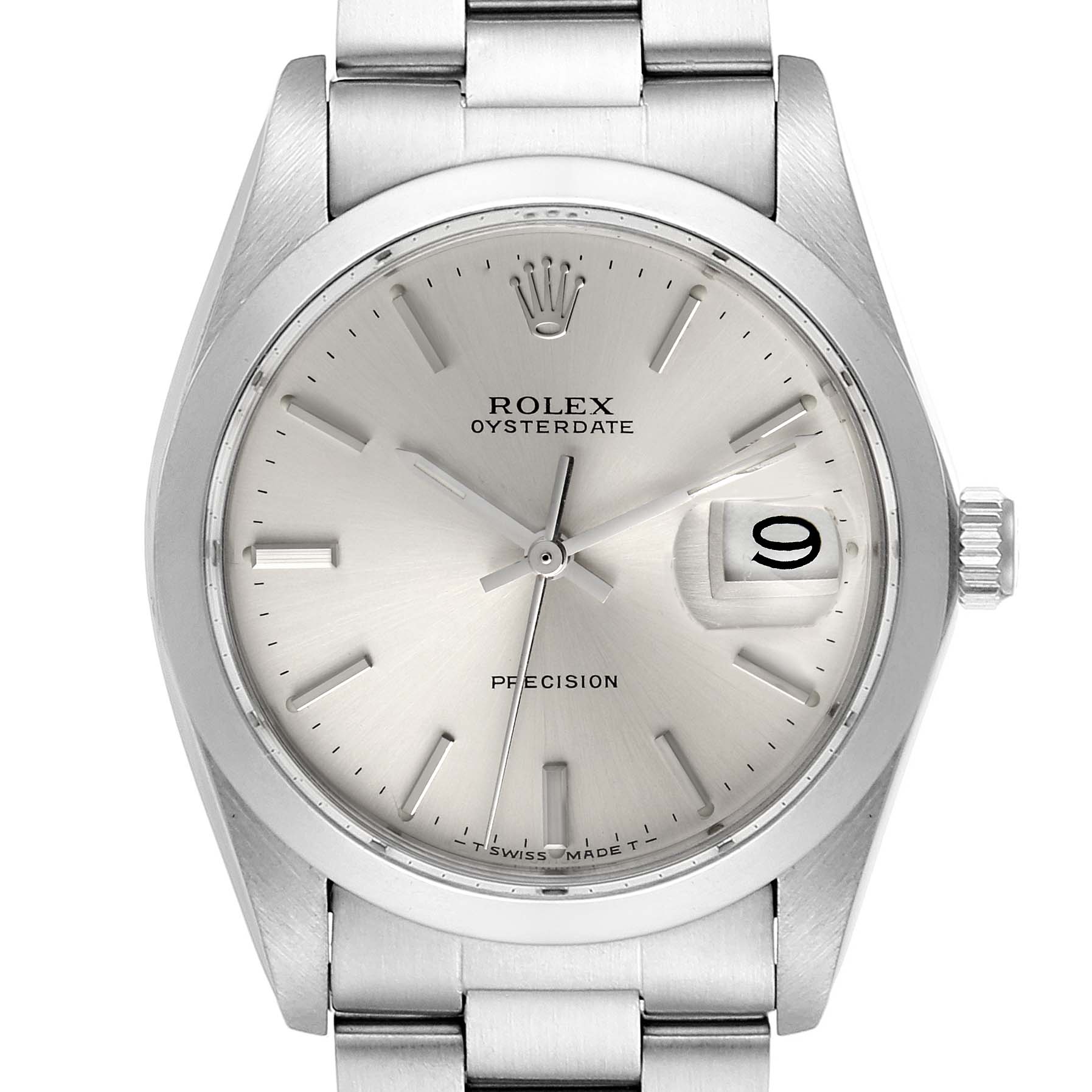 This image shows a Rolex Vintage Collection 6694 Men's Stainless Steel Silver Dial 6694 Men's Stainless Steel Silver Dial Oysterdate watch from a top-down angle, highlighting the dial, bracelet, and crown.