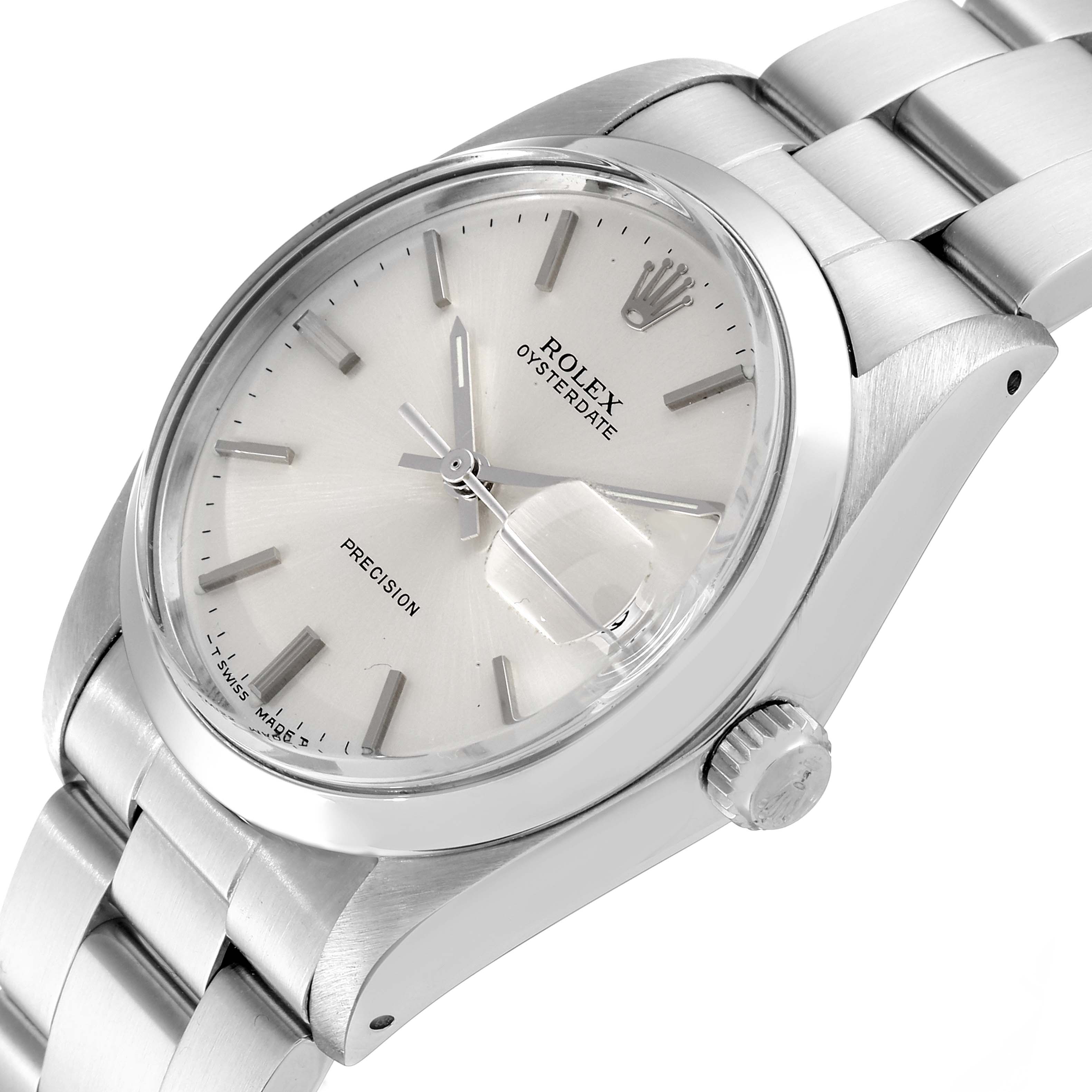 This image shows a side angle of the Rolex Vintage Collection 6694 Men's Stainless Steel Silver Dial 6694 Men's Stainless Steel Silver Dial watch, highlighting the bezel, dial, crown, and bracelet.