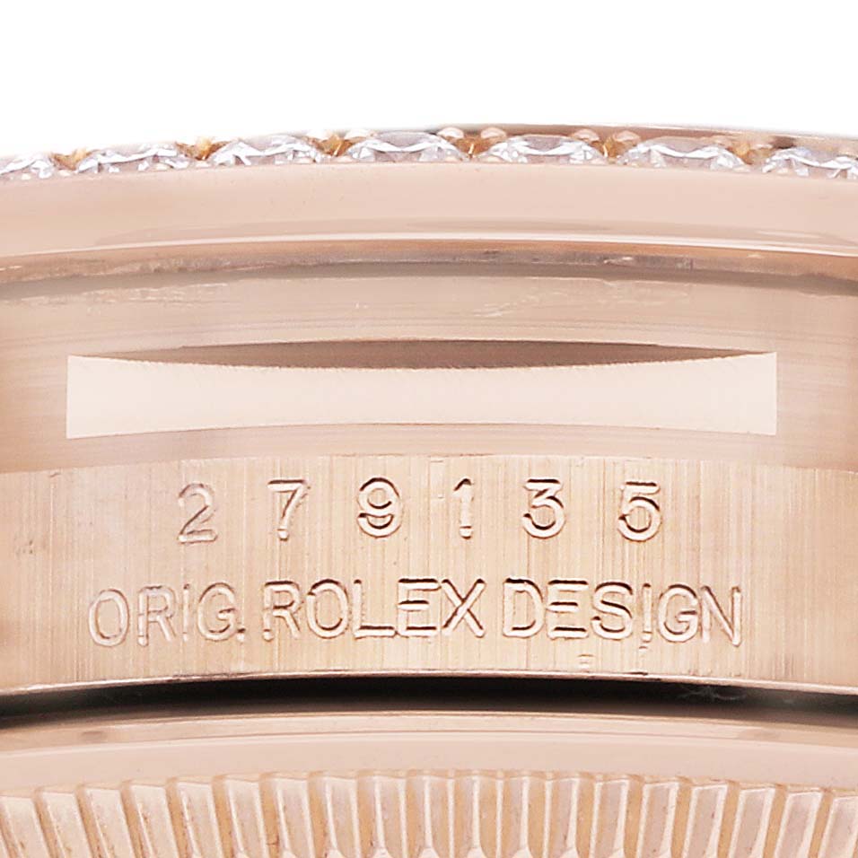 The image shows a close-up of the side of a Rolex President model, model number 279135, highlighting the engraved text and some of the bezel.