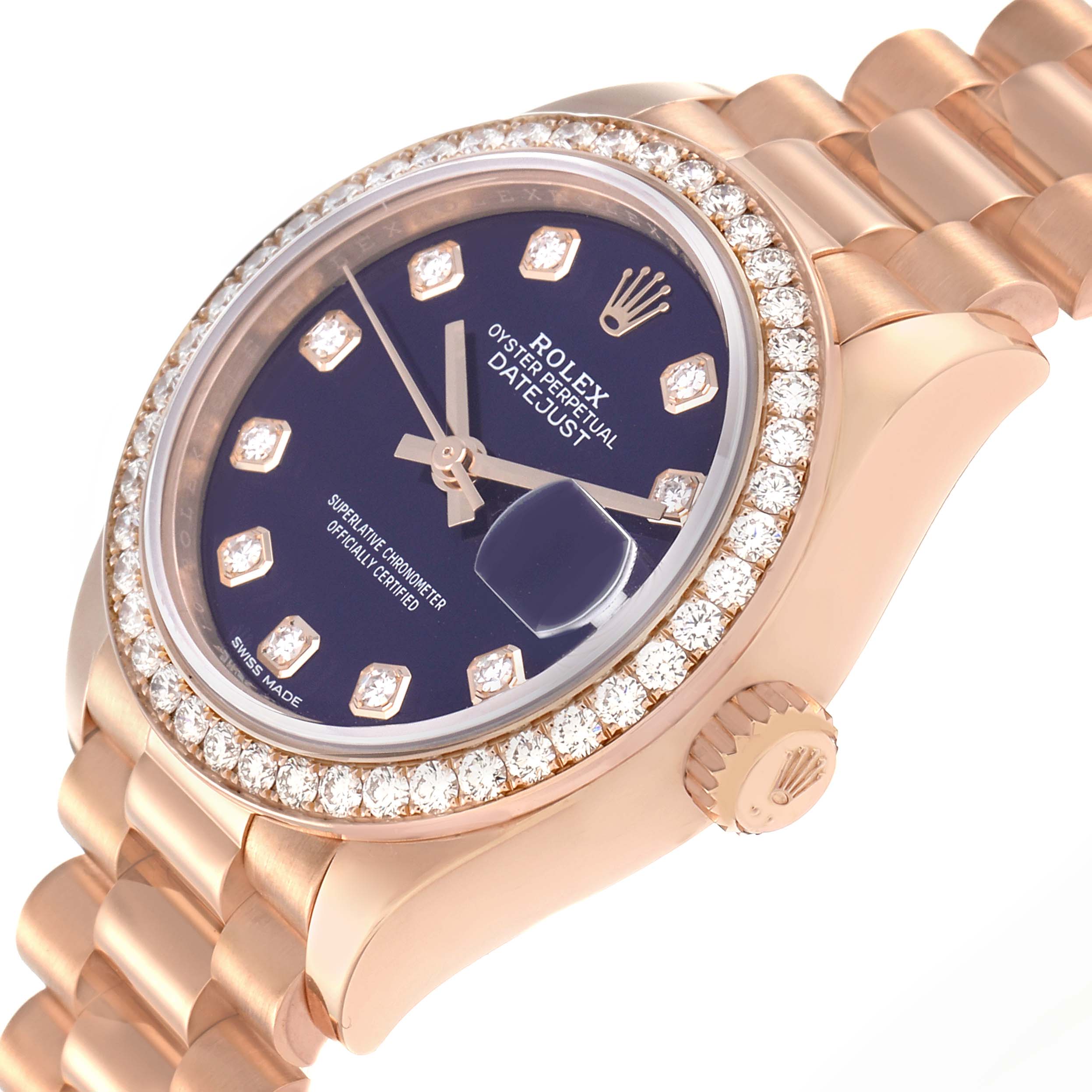 The Rolex President model 279135 men
s watch is shown at a slight angle, highlighting its diamond bezel, blue dial, crown, and iconic bracelet links.