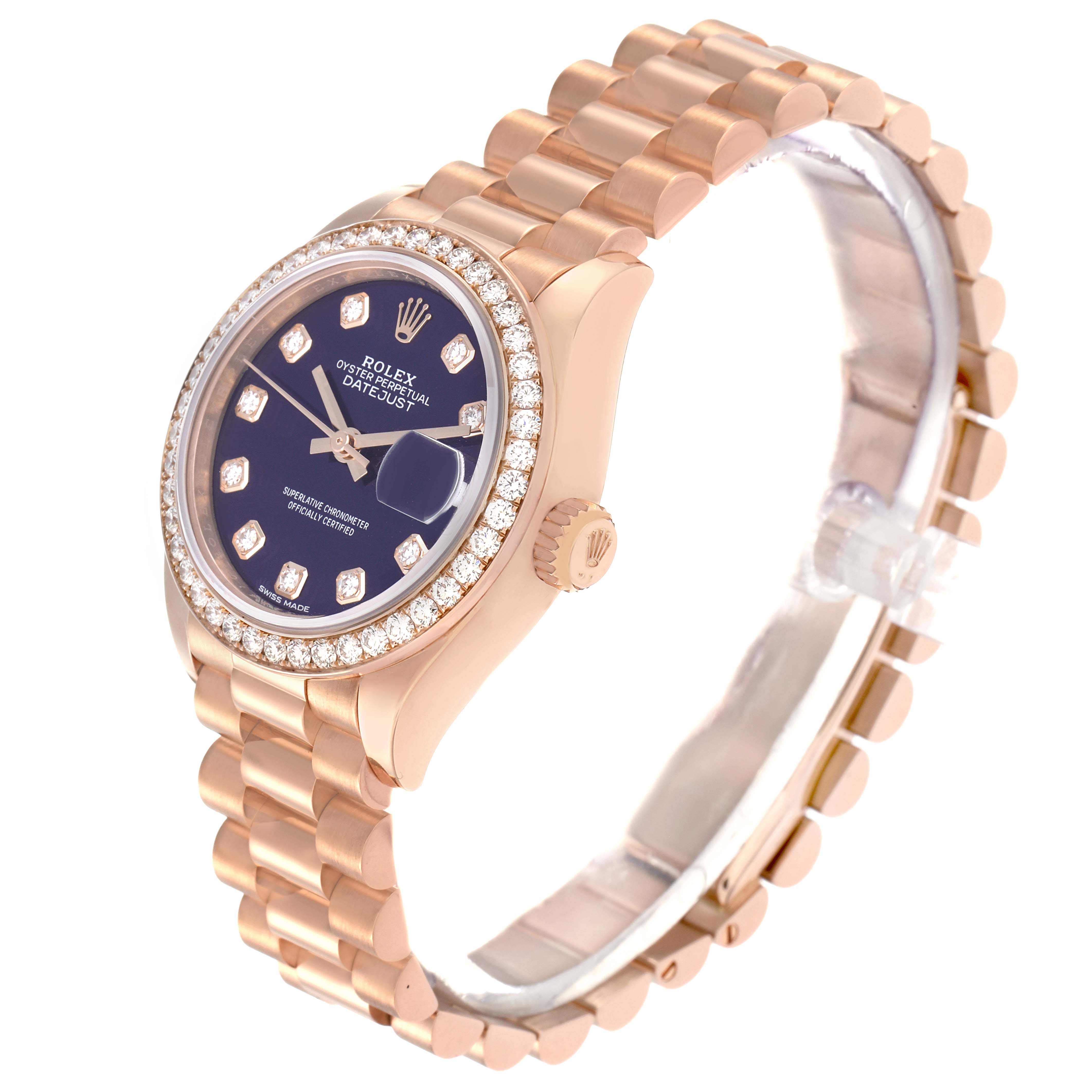 The Rolex President model 279135 men
s watch is shown at a three-quarter angle, highlighting the dial, diamond bezel, crown, and part of the bracelet.
