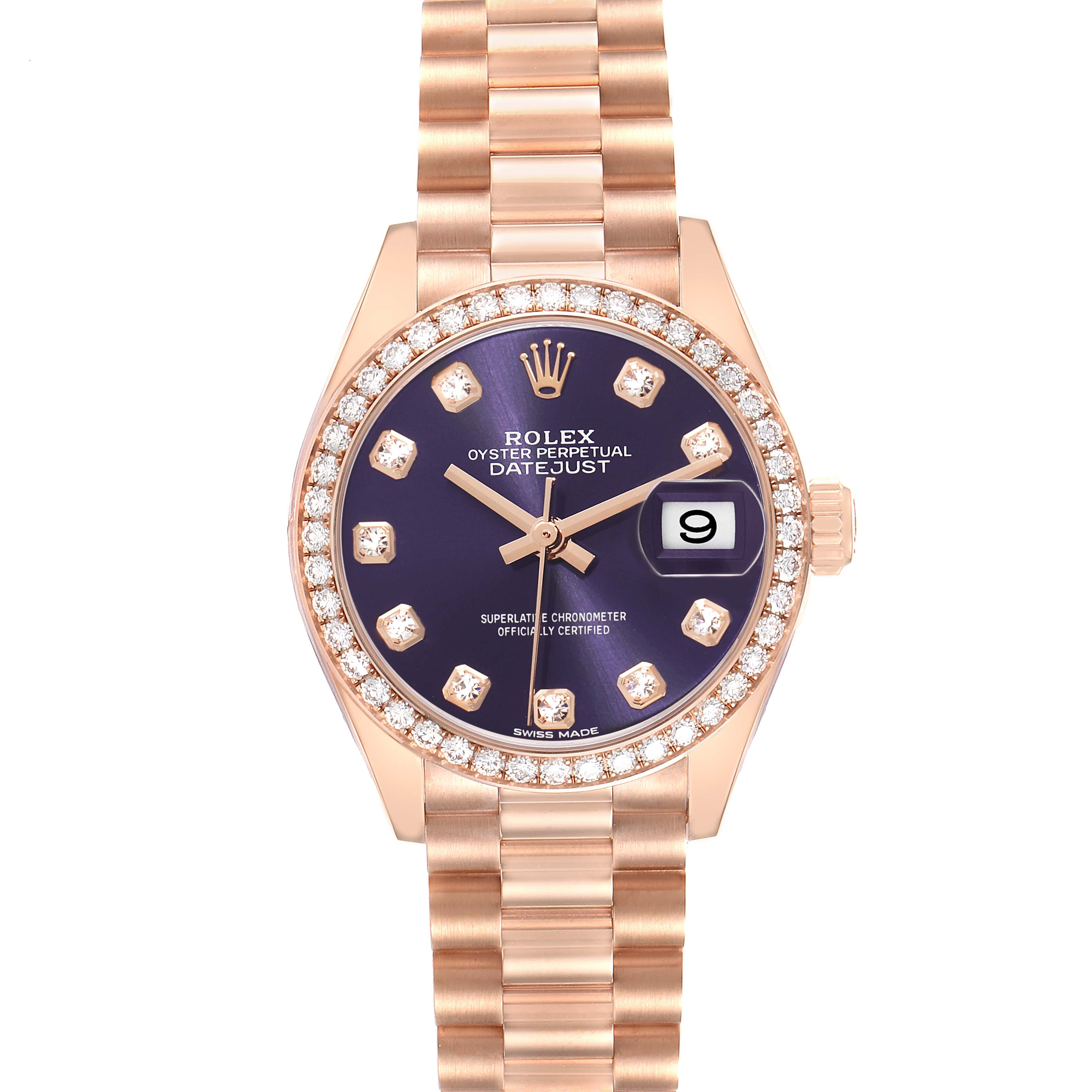 The image shows a Rolex President model, model number 279135, from a front angle, highlighting its rose gold case, diamond bezel, bracelet, and blue dial.