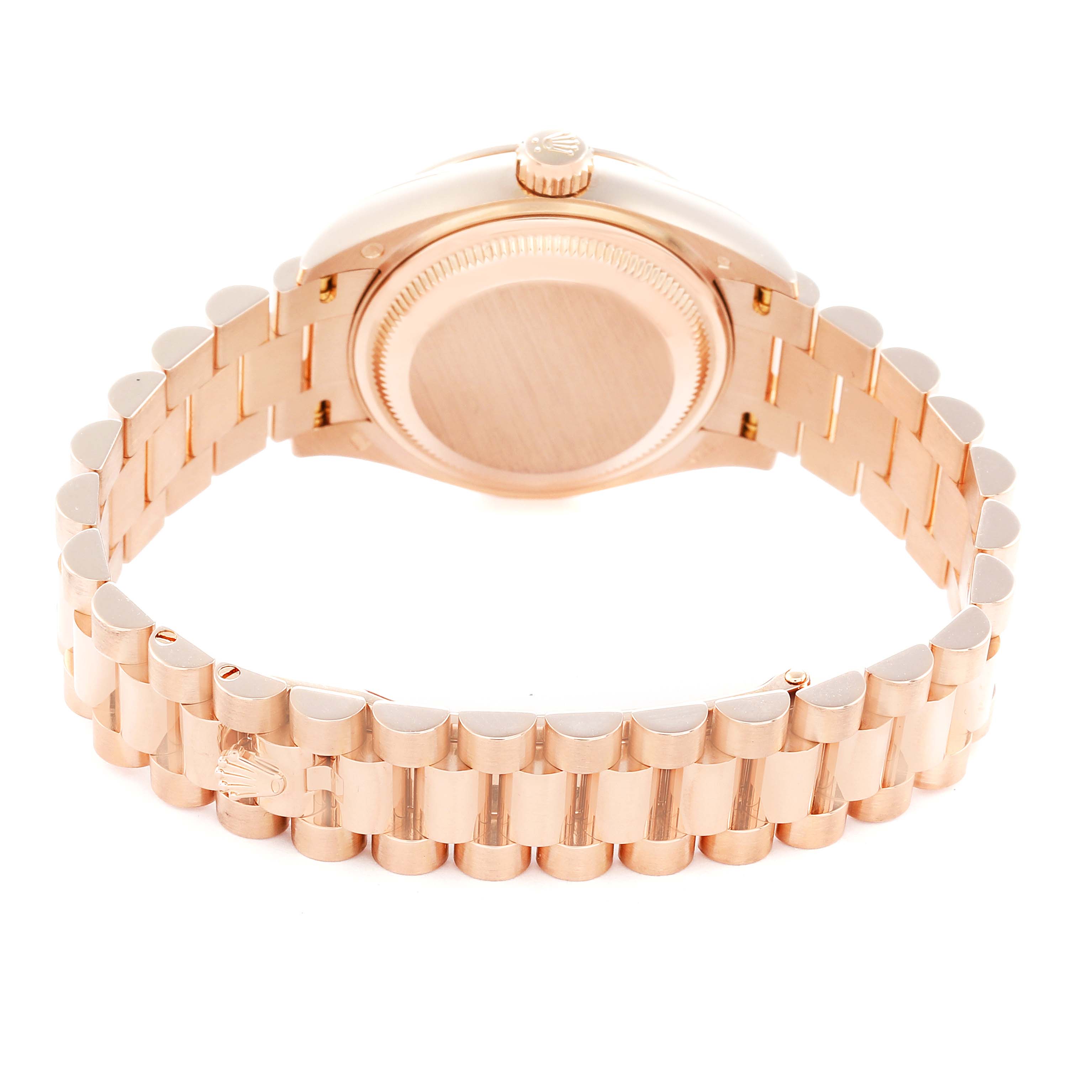 The image shows the back of a Rolex President model 279135 men
s watch, focusing on the caseback and bracelet.