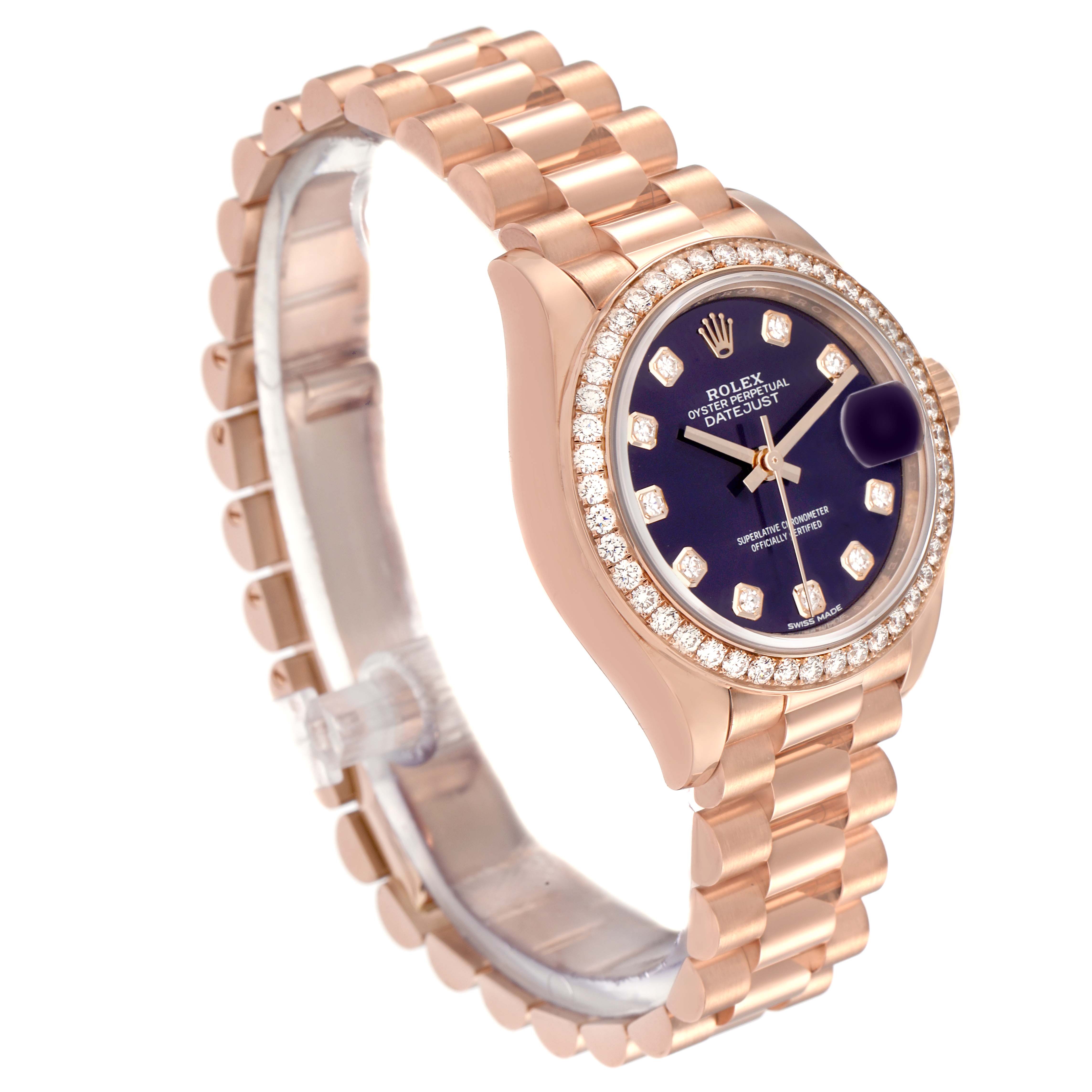 The Rolex President model 279135 is shown from a three-quarter angle, highlighting the watch face, diamond bezel, and the rose gold bracelet.