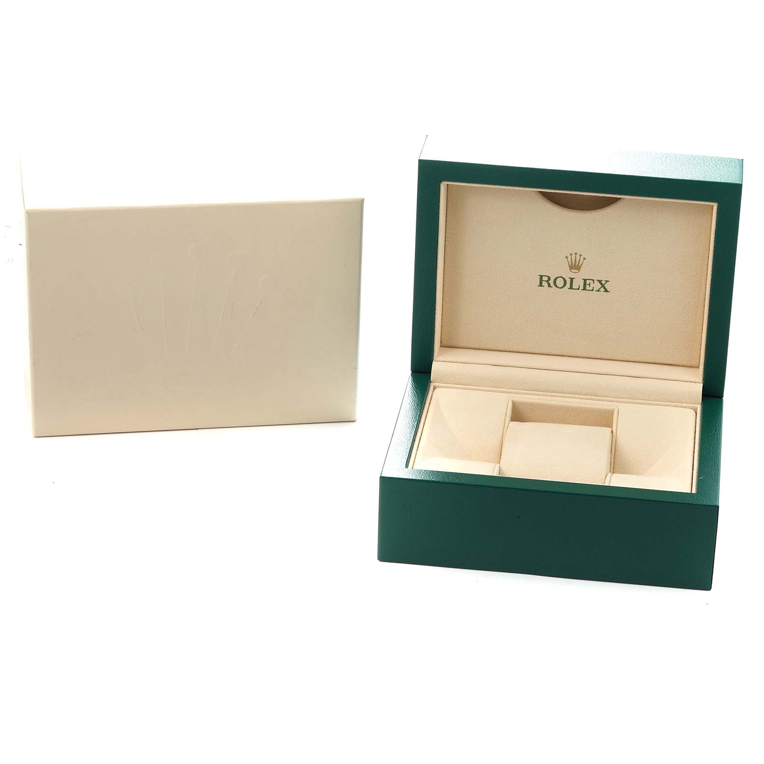 The image shows the open box and outer packaging for a Rolex President model watch, model number 279135.