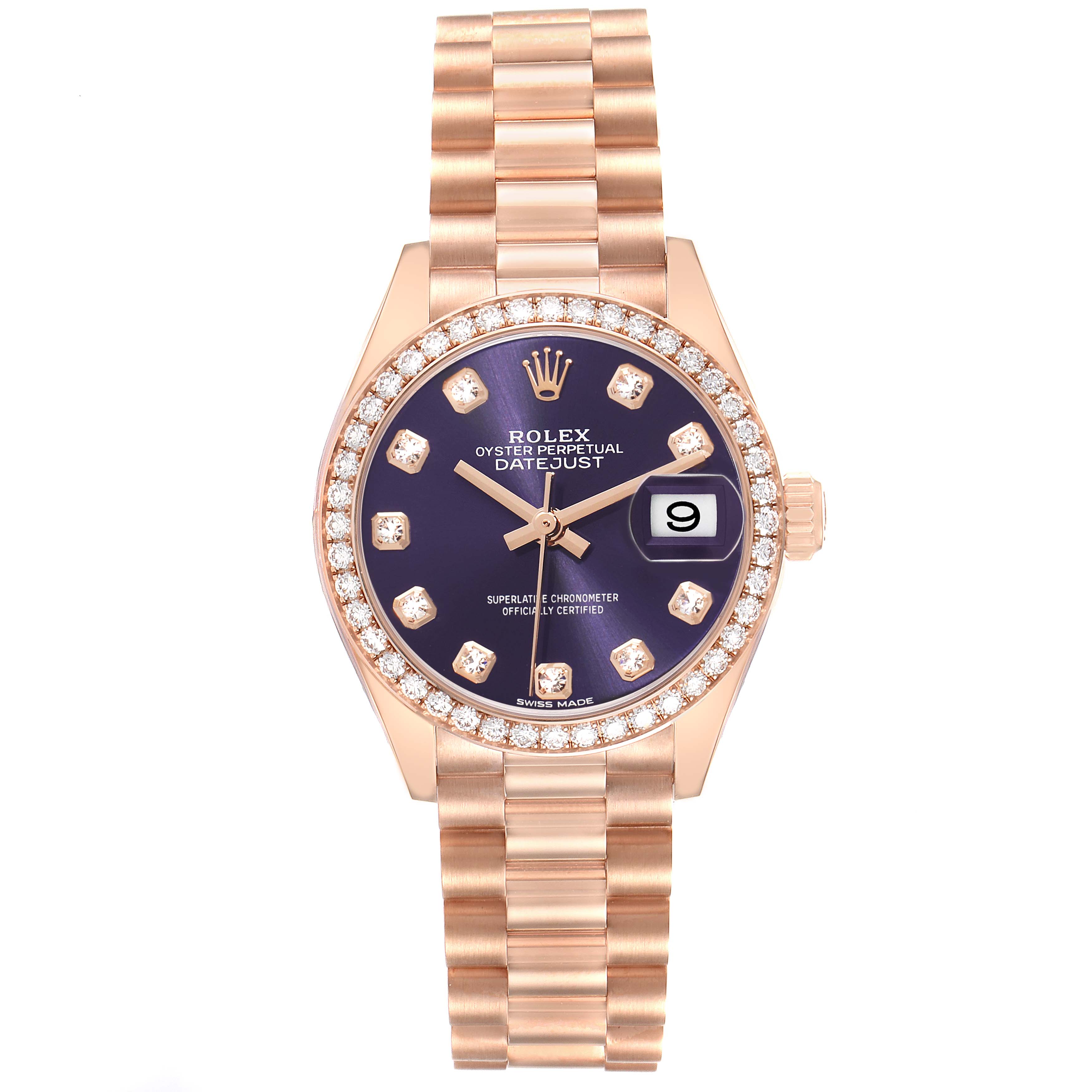 The Rolex President model 279135 men
s watch is shown from a frontal angle, highlighting the dial, bezel, and bracelet.