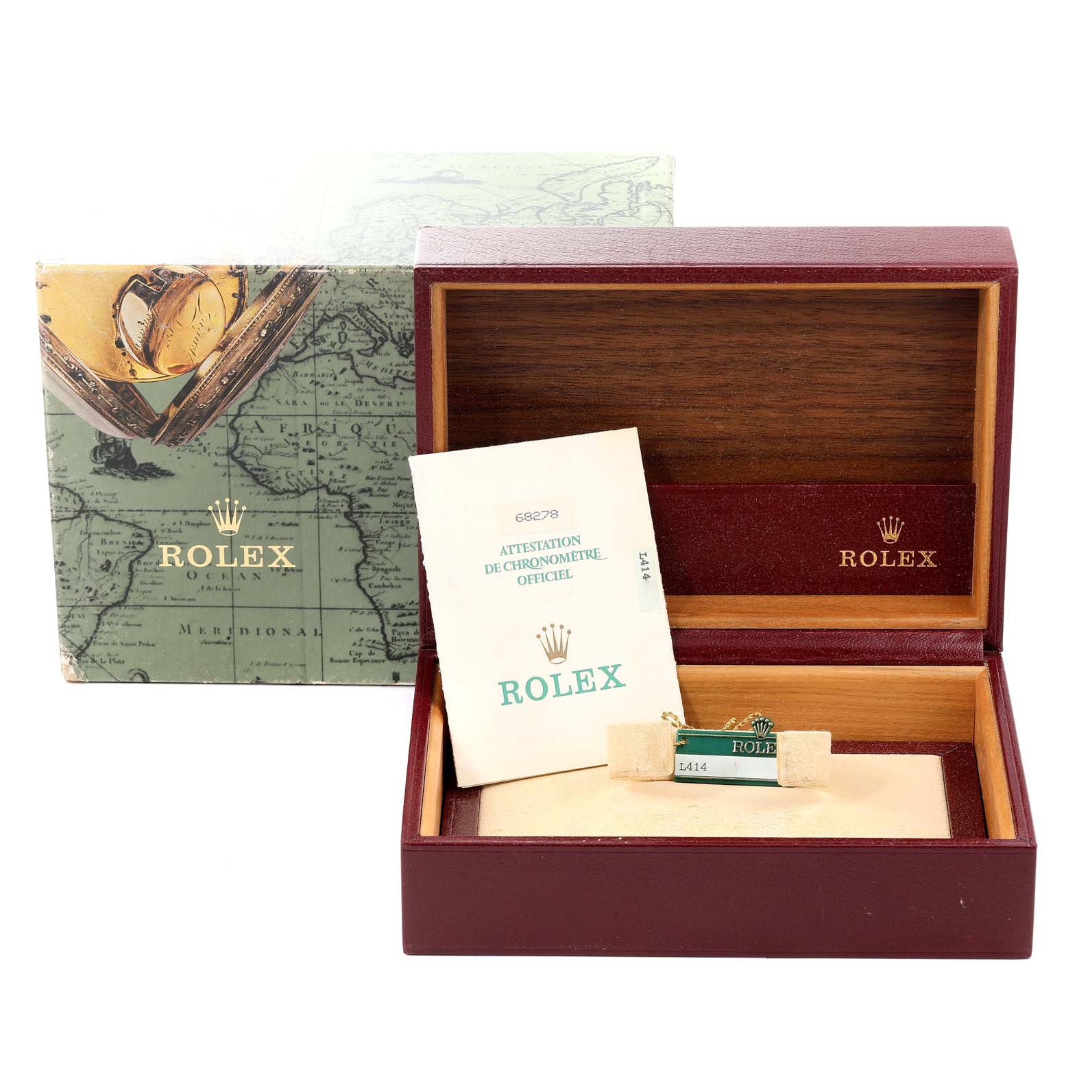 The image shows the box and packaging materials for a Rolex President 68278 Women
s Yellow Gold Champagne Dial 68278 Women
s Yellow Gold Champagne Dial model watch, including a certificate and tags.