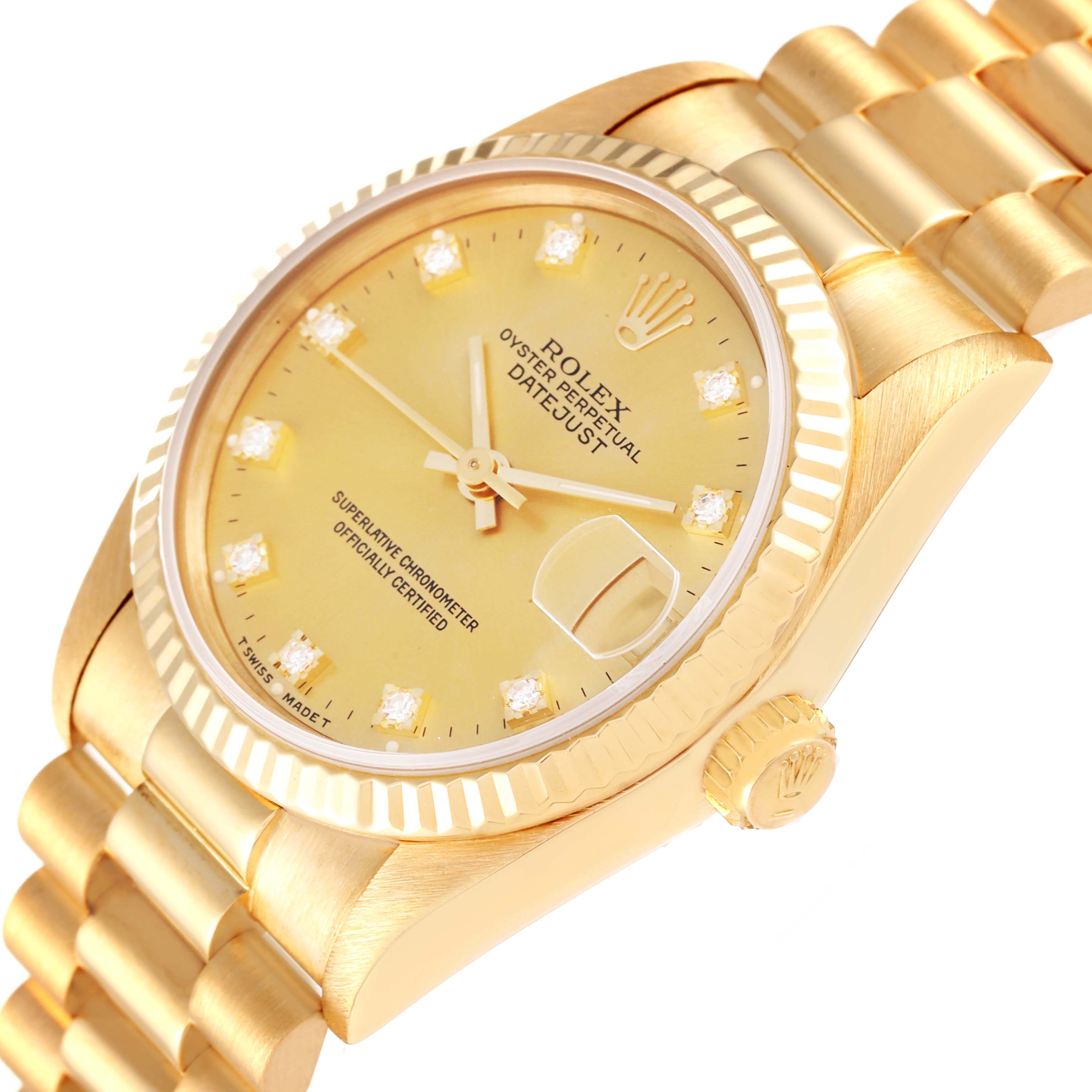 This image shows a close-up angled view of a Rolex President 68278 Women
s Yellow Gold Champagne Dial 68278 Women
s Yellow Gold Champagne Dial model watch, highlighting the dial, crown, and part of the bracelet.