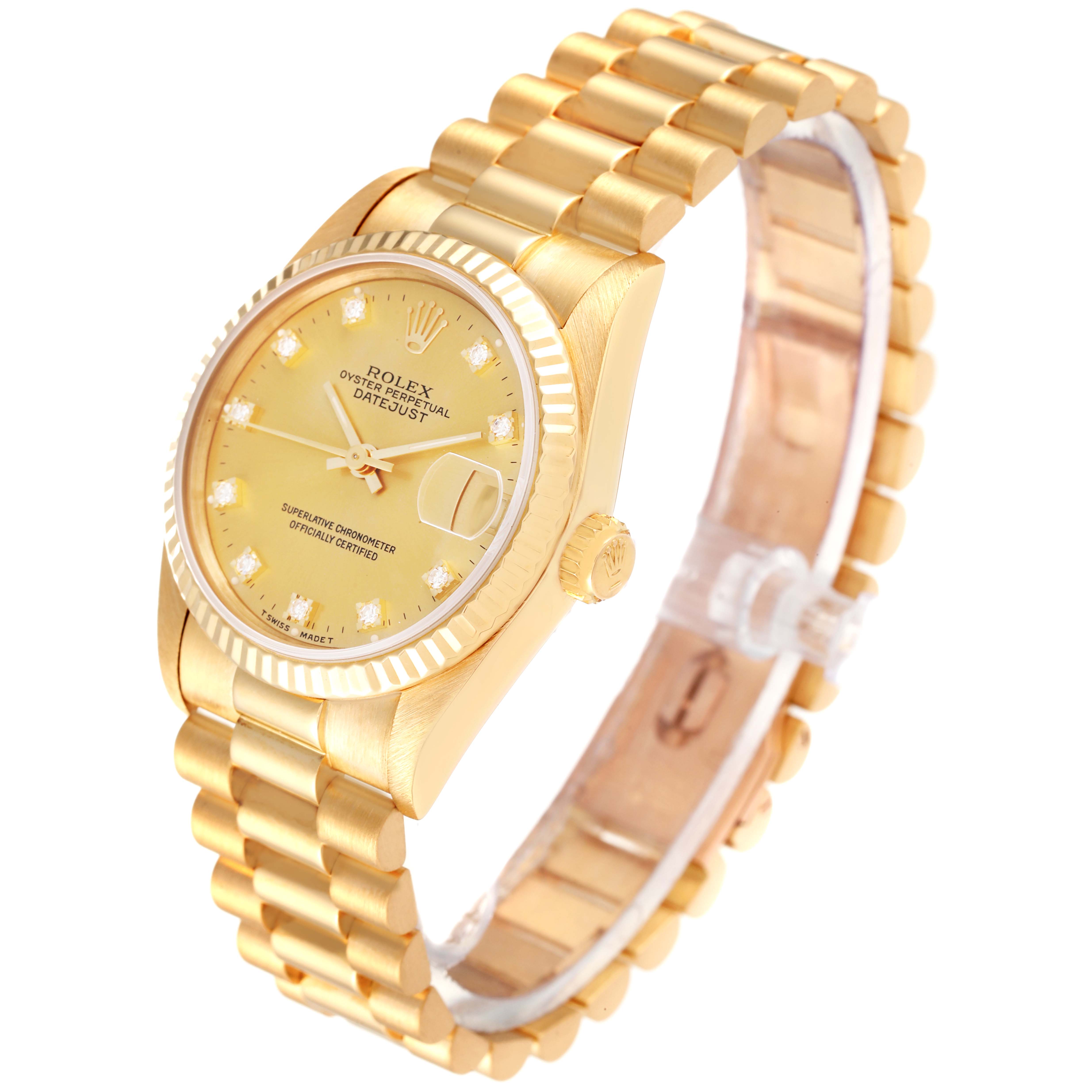 The image shows a three-quarter angled view of a Rolex President 68278 Women
s Yellow Gold Champagne Dial 68278 Women
s Yellow Gold Champagne Dial model watch with its gold bracelet and dial fully visible.