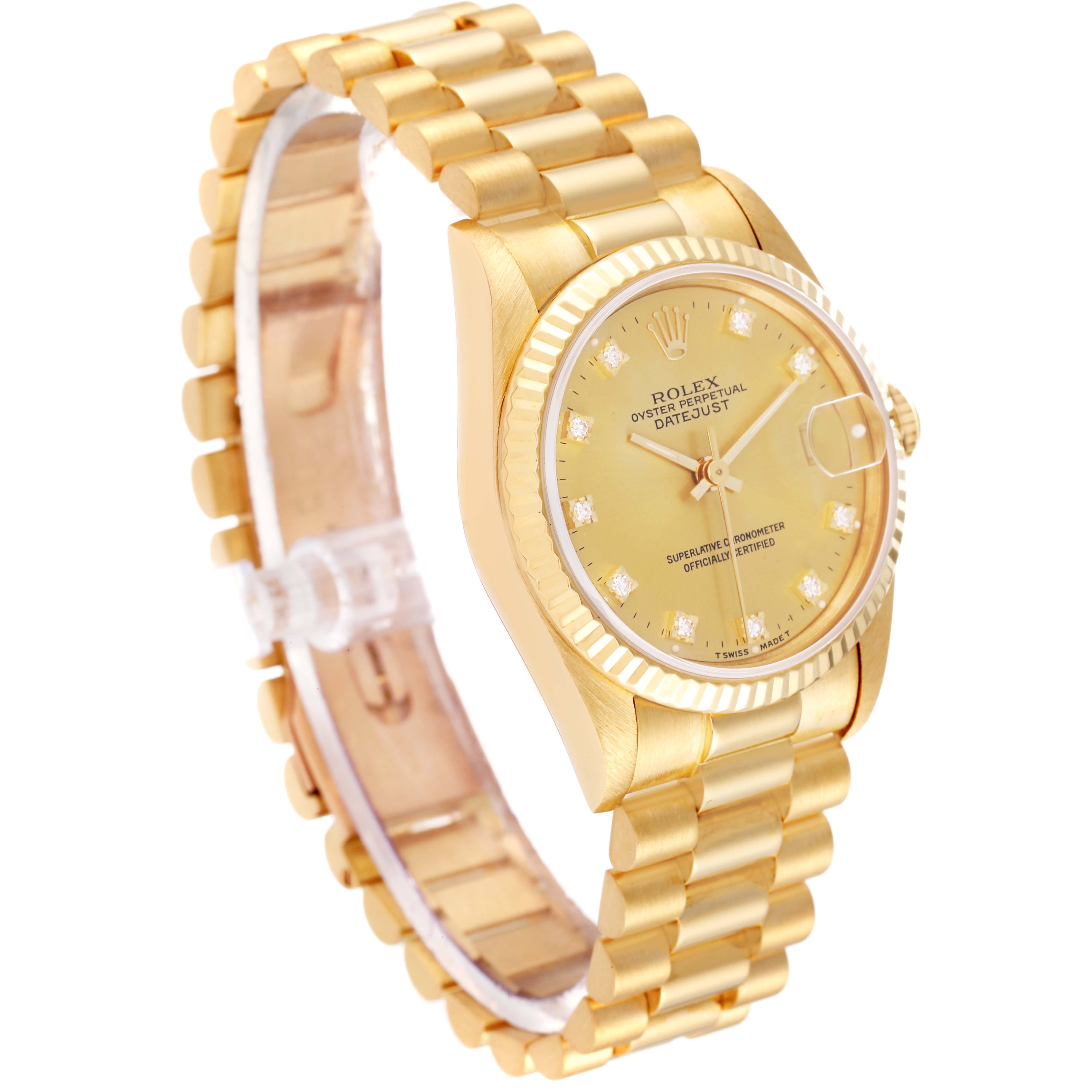 This image shows a side and front angle of a Rolex President 68278 Women
s Yellow Gold Champagne Dial 68278 Women
s Yellow Gold Champagne Dial model, highlighting its golden case, dial, and bracelet.