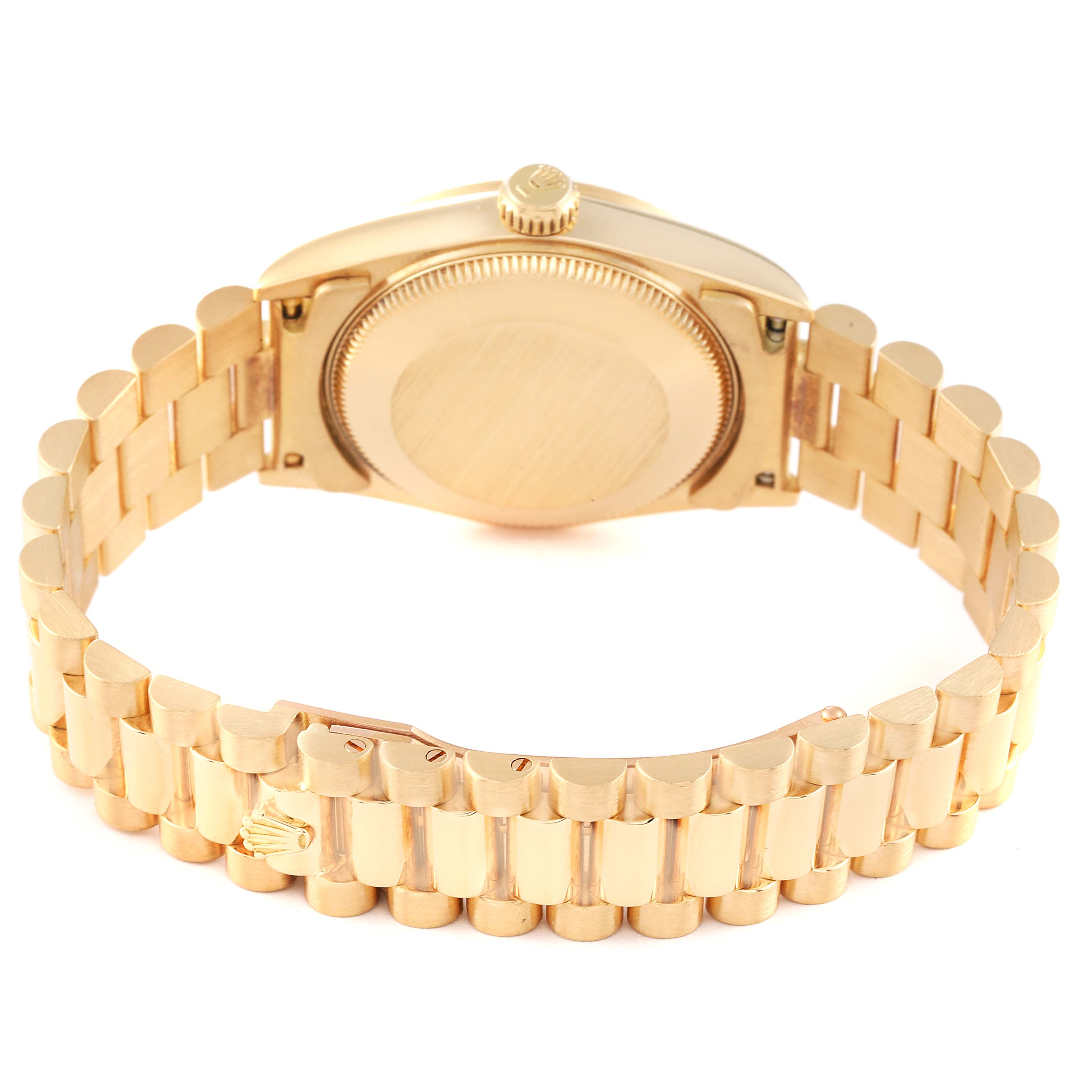 The image shows the rear view of a Rolex President 68278 Women
s Yellow Gold Champagne Dial 68278 Women
s Yellow Gold Champagne Dial model watch, highlighting the case back and gold bracelet.