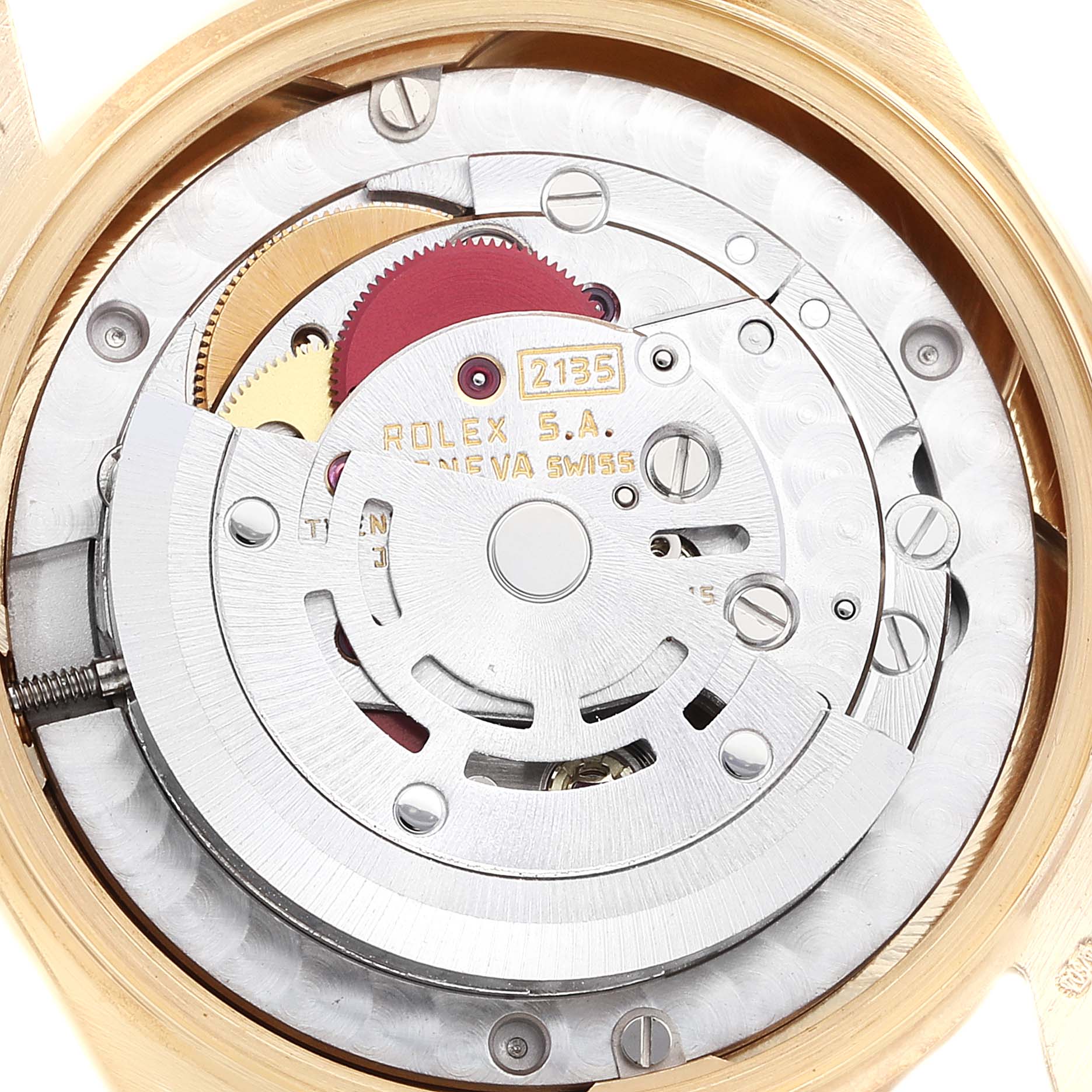 This close-up image shows the movement mechanism of the Rolex President 68278 Women
s Yellow Gold Champagne Dial 68278 Women
s Yellow Gold Champagne Dial model watch.