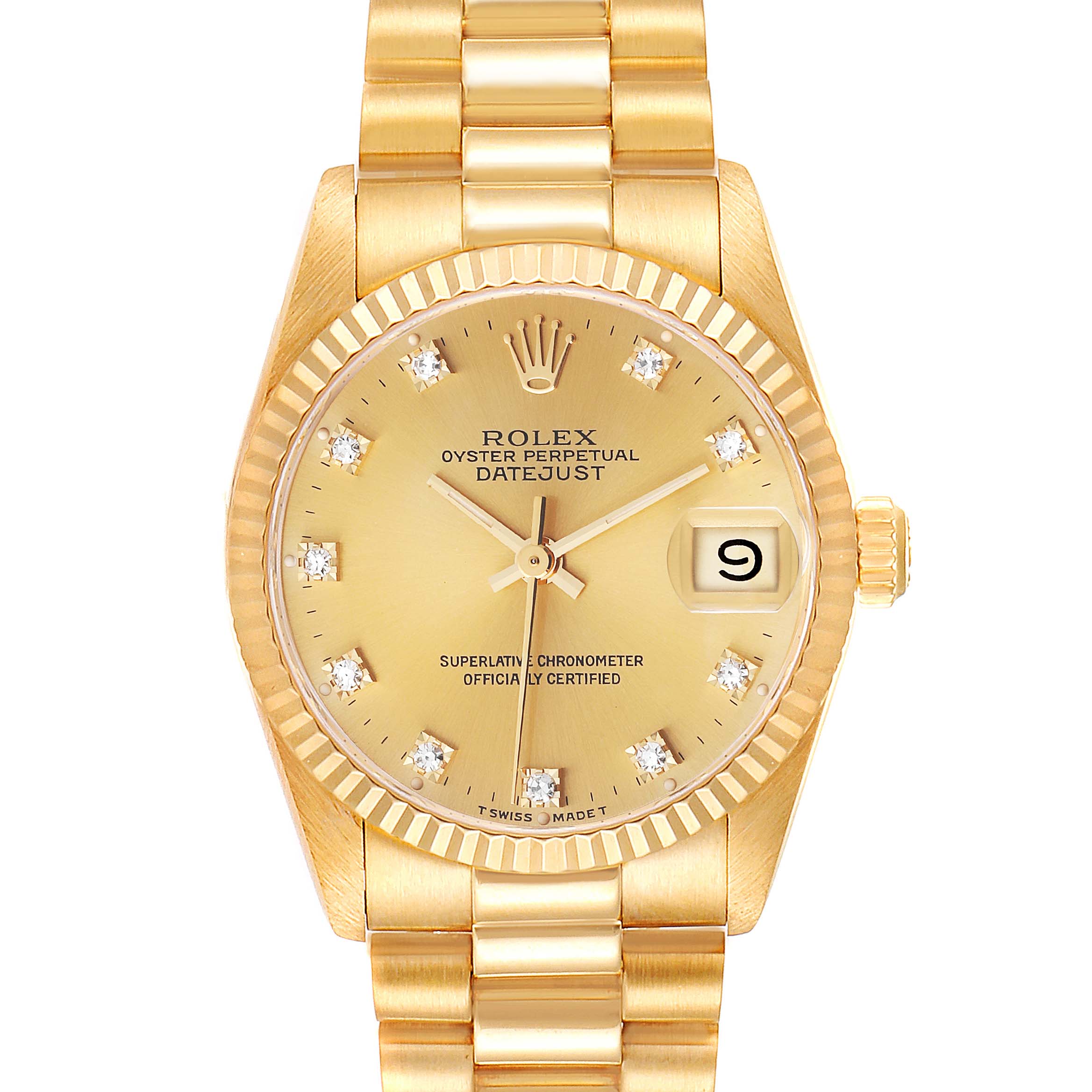 The image shows a front view of the Rolex President 68278 Women
s Yellow Gold Champagne Dial 68278 Women
s Yellow Gold Champagne Dial model, highlighting the dial, date window, and bracelet.