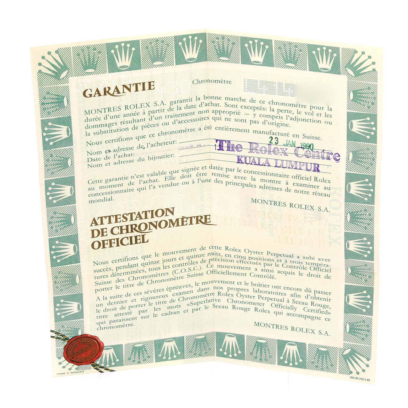 The image shows a warranty certificate for a Rolex President 68278 Women
s Yellow Gold Champagne Dial 68278 Women
s Yellow Gold Champagne Dial model watch.