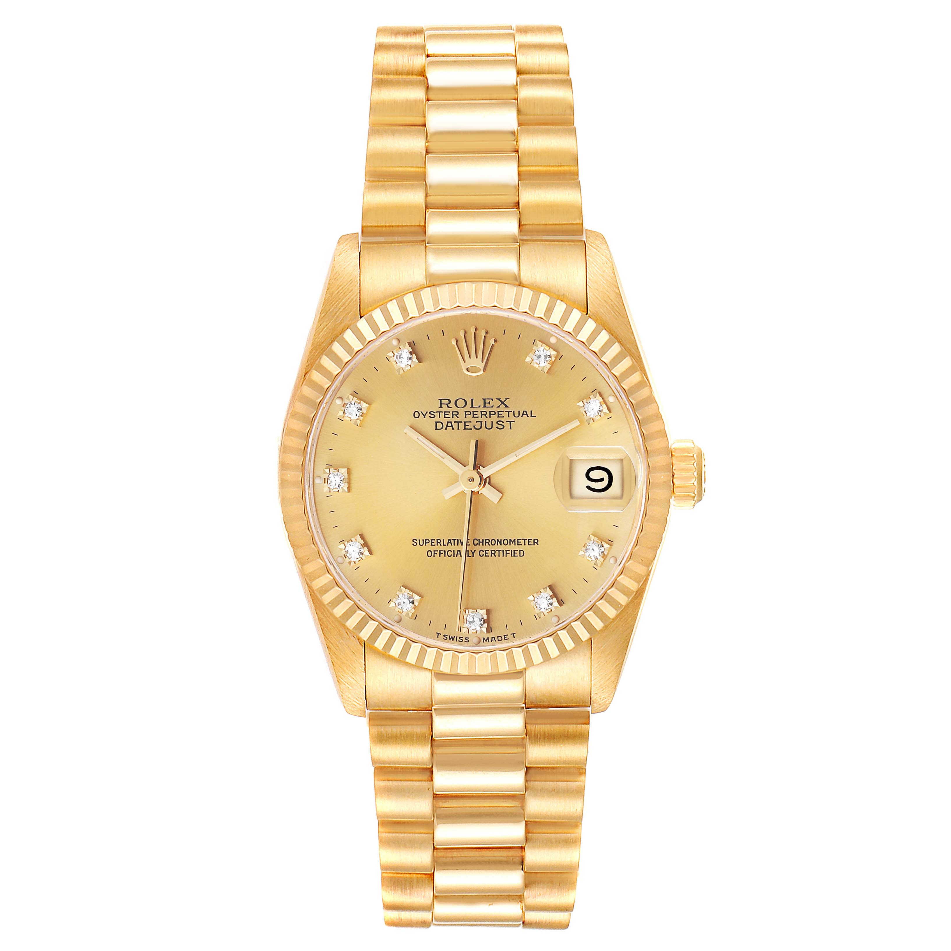 The image shows a front view of a Rolex President 68278 Women
s Yellow Gold Champagne Dial 68278 Women
s Yellow Gold Champagne Dial model watch with a gold dial and bracelet.