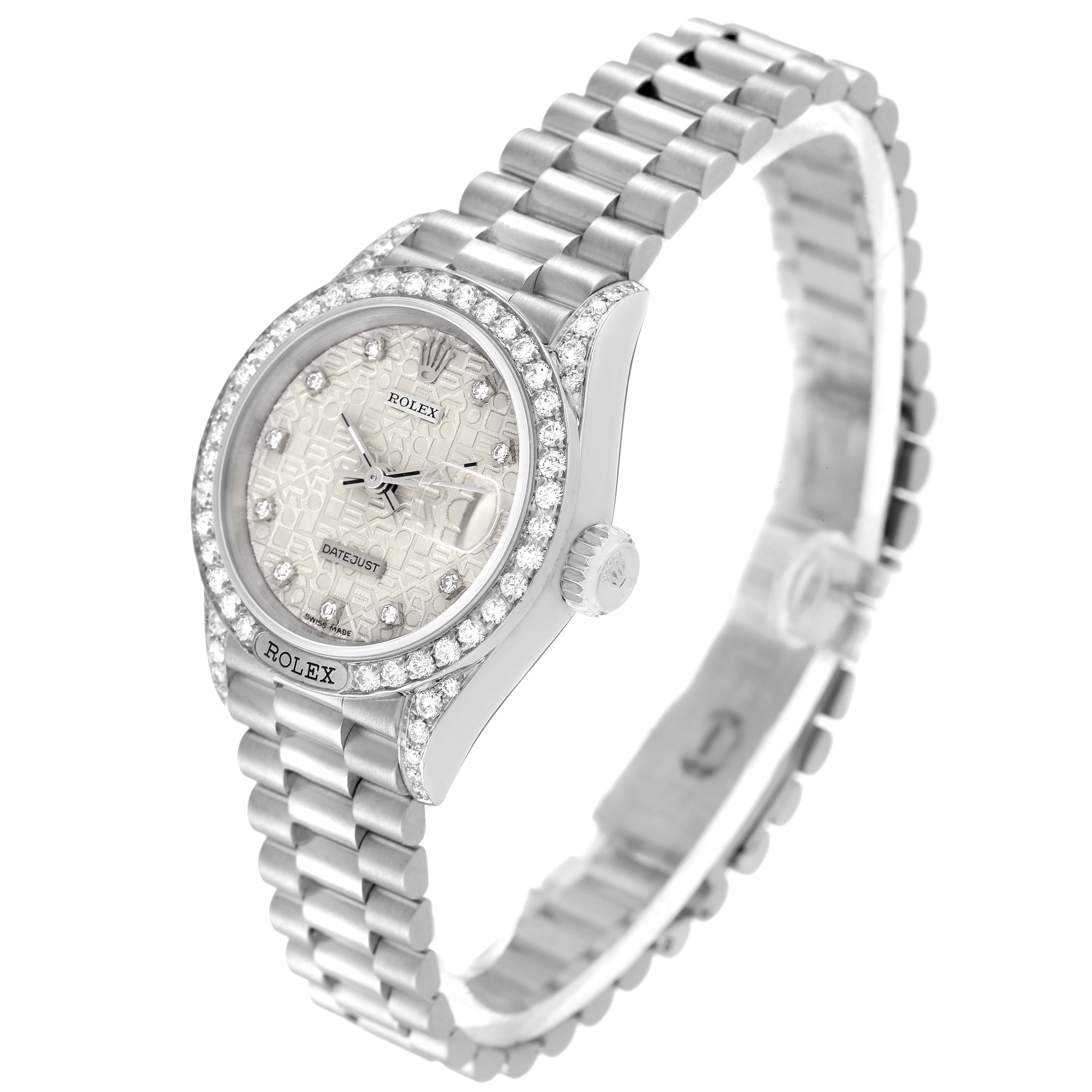The Rolex President 69159 Women's White Gold Silver Dial 69159 Women's White Gold Silver Dial model watch is displayed at an oblique angle, showing its diamond-encrusted bezel, dial, crown, and bracelet.