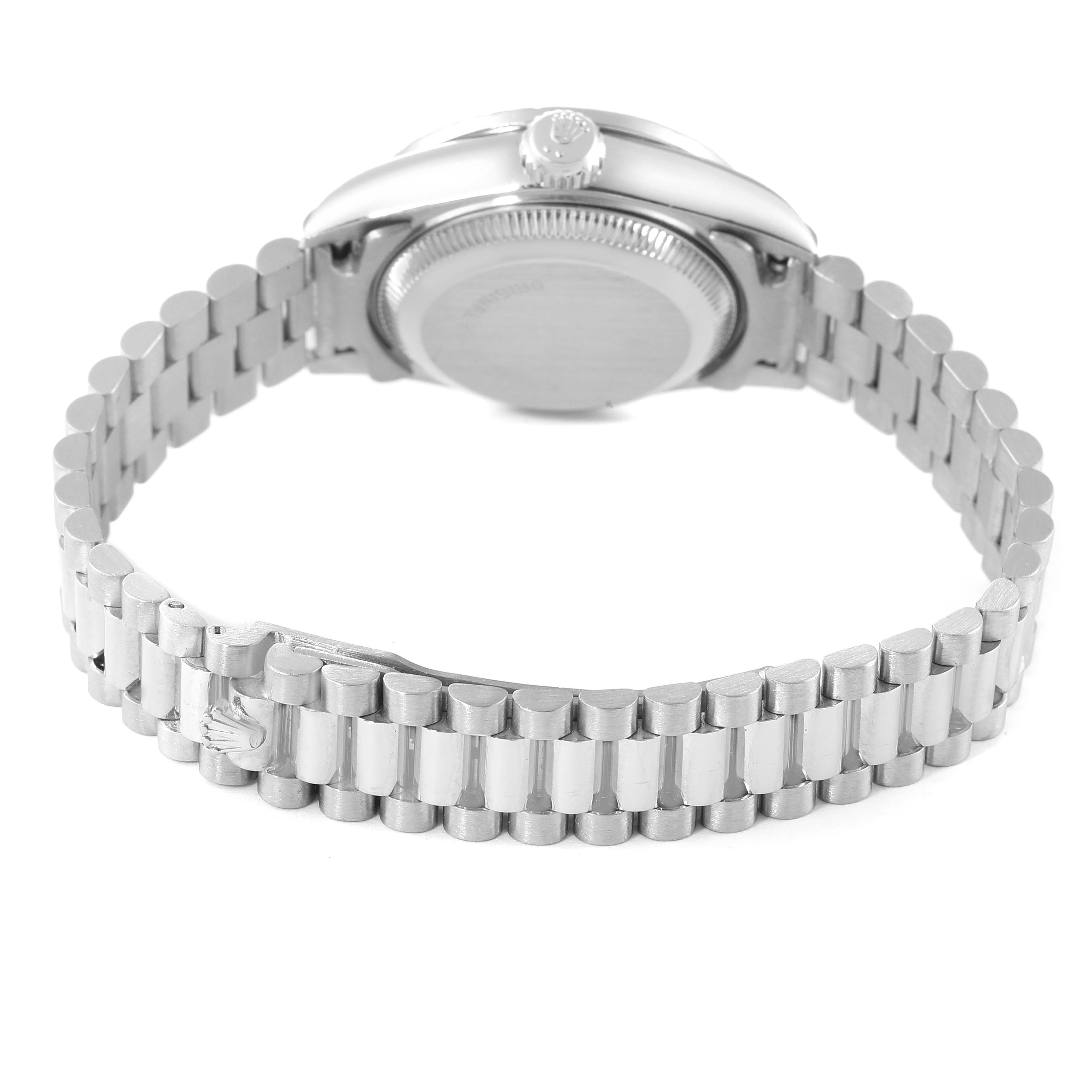 The image shows the back view of the Rolex President 69159 Women's White Gold Silver Dial 69159 Women's White Gold Silver Dial model watch, focusing on the case back and the bracelet.