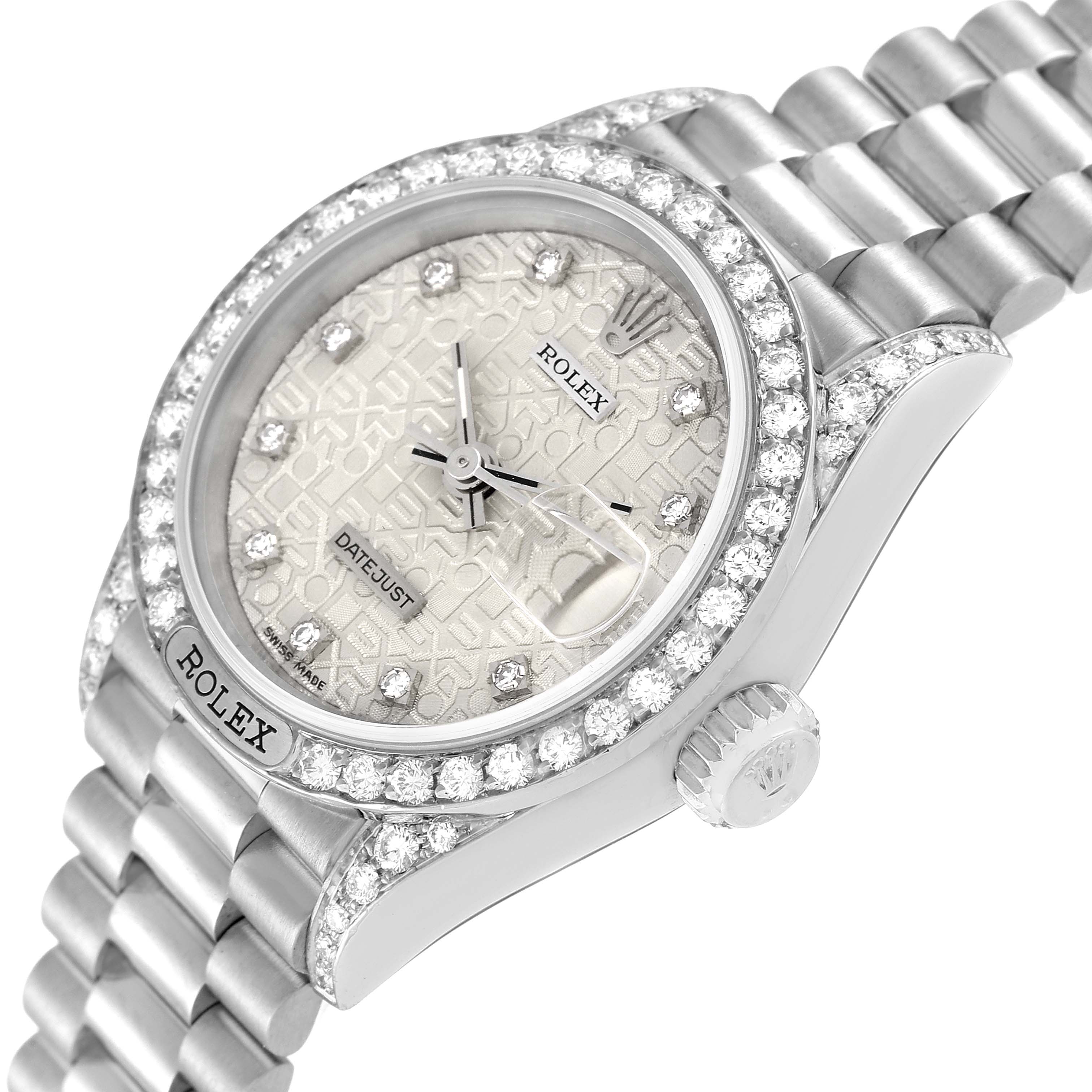 The image shows a close-up view of the face and bracelet of a Rolex President 69159 Women's White Gold Silver Dial 69159 Women's White Gold Silver Dial model watch.