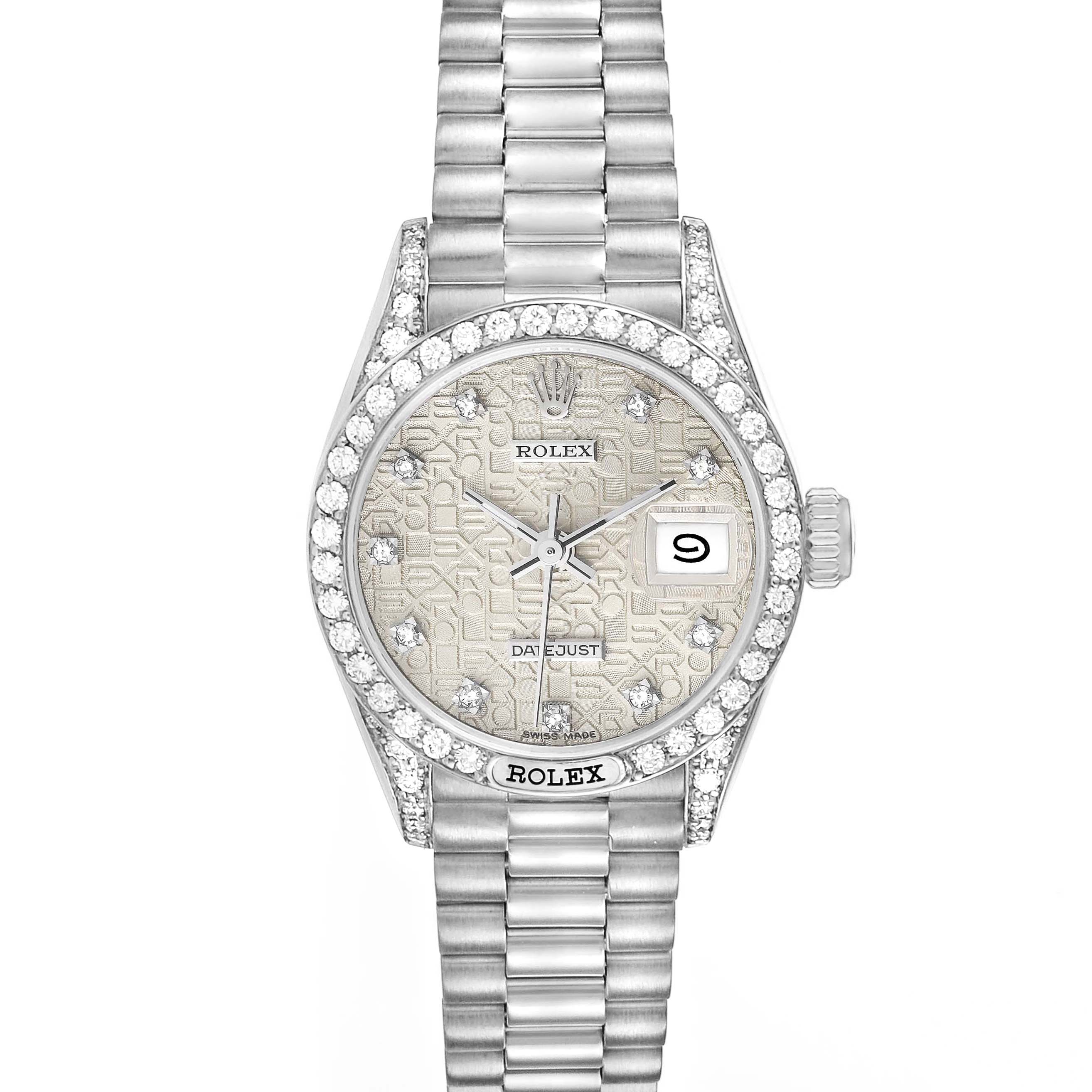 This image shows a frontal view of a Rolex President 69159 Women's White Gold Silver Dial 69159 Women's White Gold Silver Dial model, highlighting its dial, date, bezel, and bracelet.