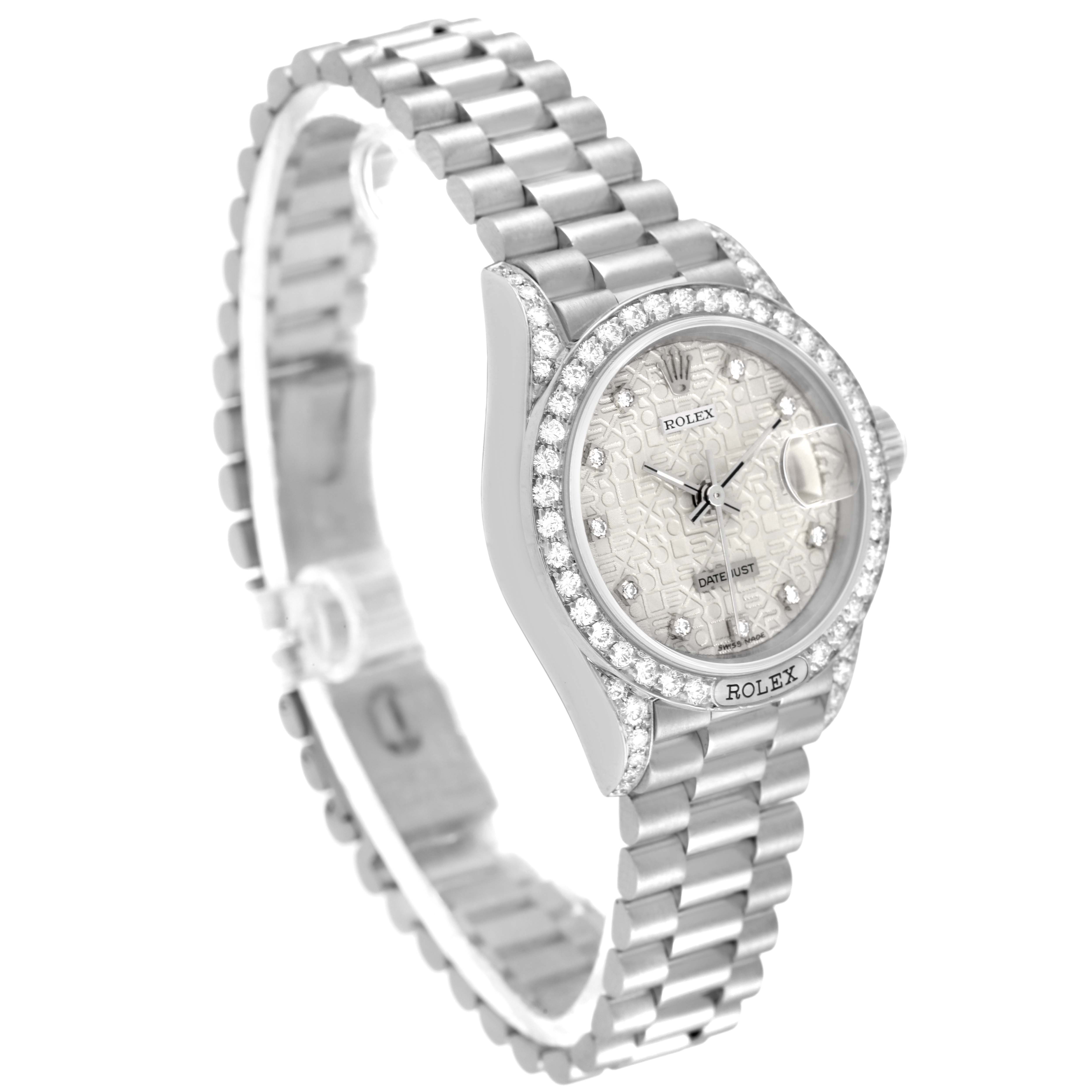 The image shows a Rolex President 69159 Women's White Gold Silver Dial 69159 Women's White Gold Silver Dial model watch at a three-quarter angle, highlighting its face, bezel, and bracelet.