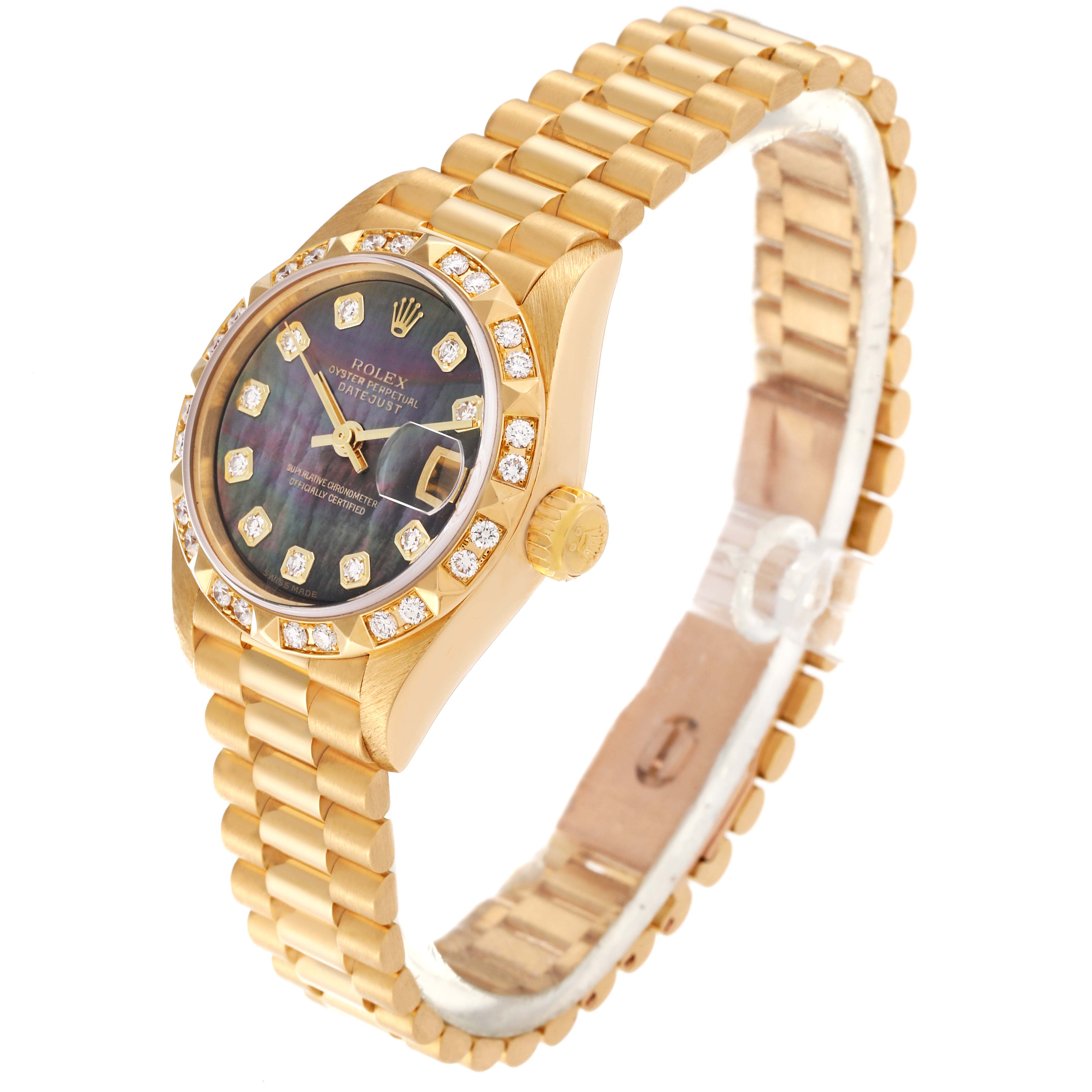 The image shows a three-quarter side view of a Rolex President 79258 Women's Yellow Gold Mother of Pearl Dial 79258 Women's Yellow Gold Mother of Pearl Dial model watch, highlighting its gold case, crown, bezel with diamonds, and bracelet.