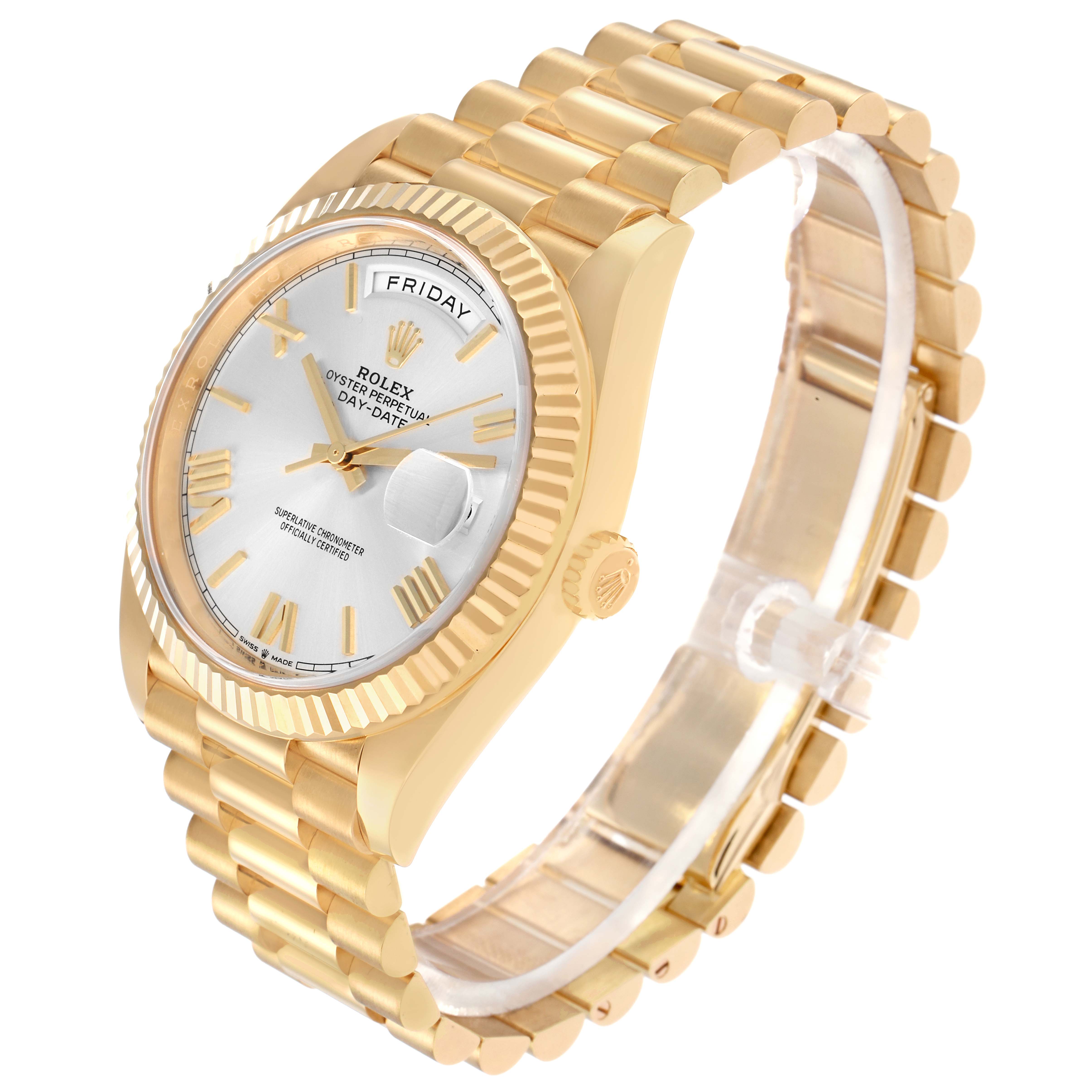 The Rolex President model 228238 is shown at an angled view, highlighting the dial, fluted bezel, crown, bracelet, and clasp.