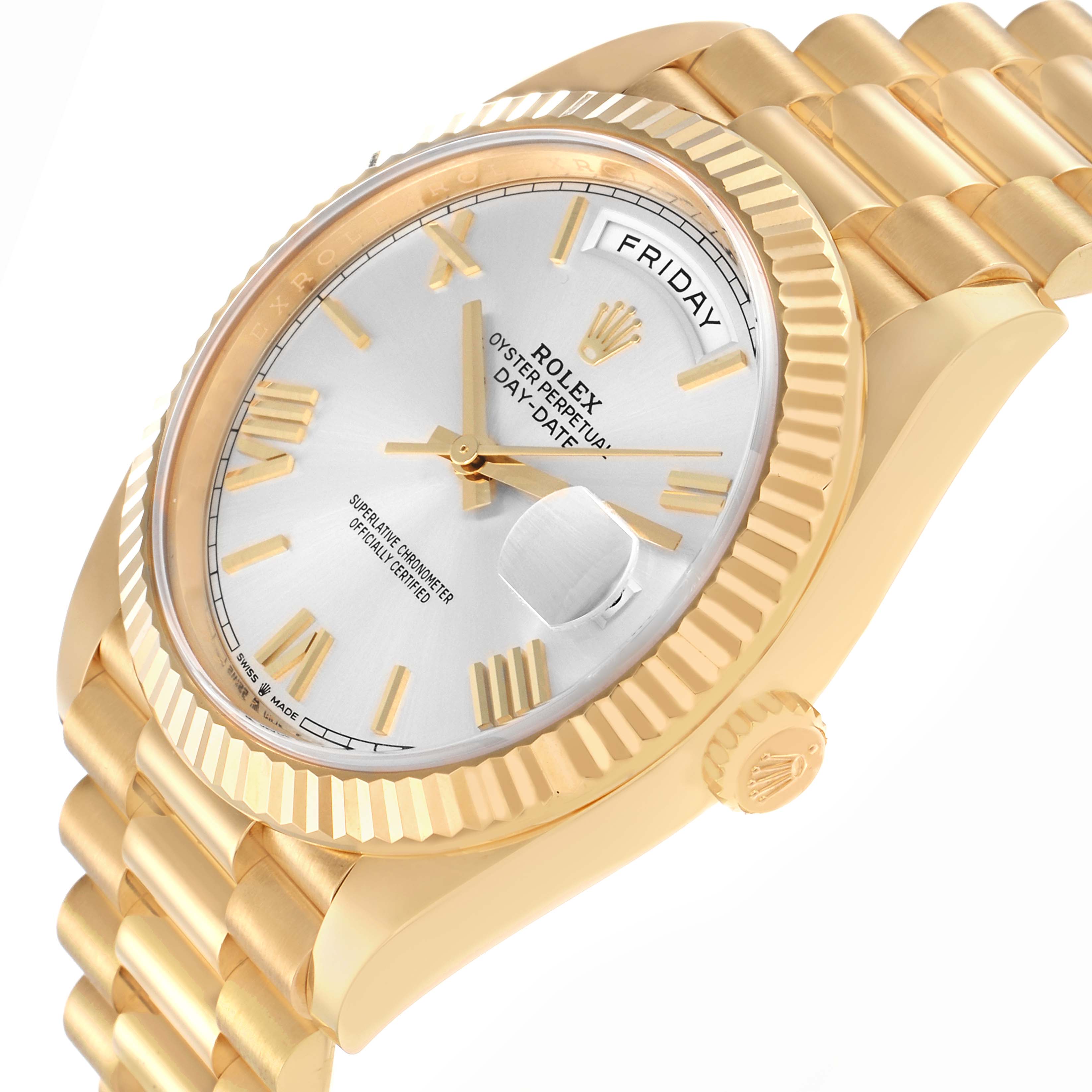 The Rolex President model 228238 watch is shown at an angled side view, highlighting the gold fluted bezel, dial, and part of the bracelet.