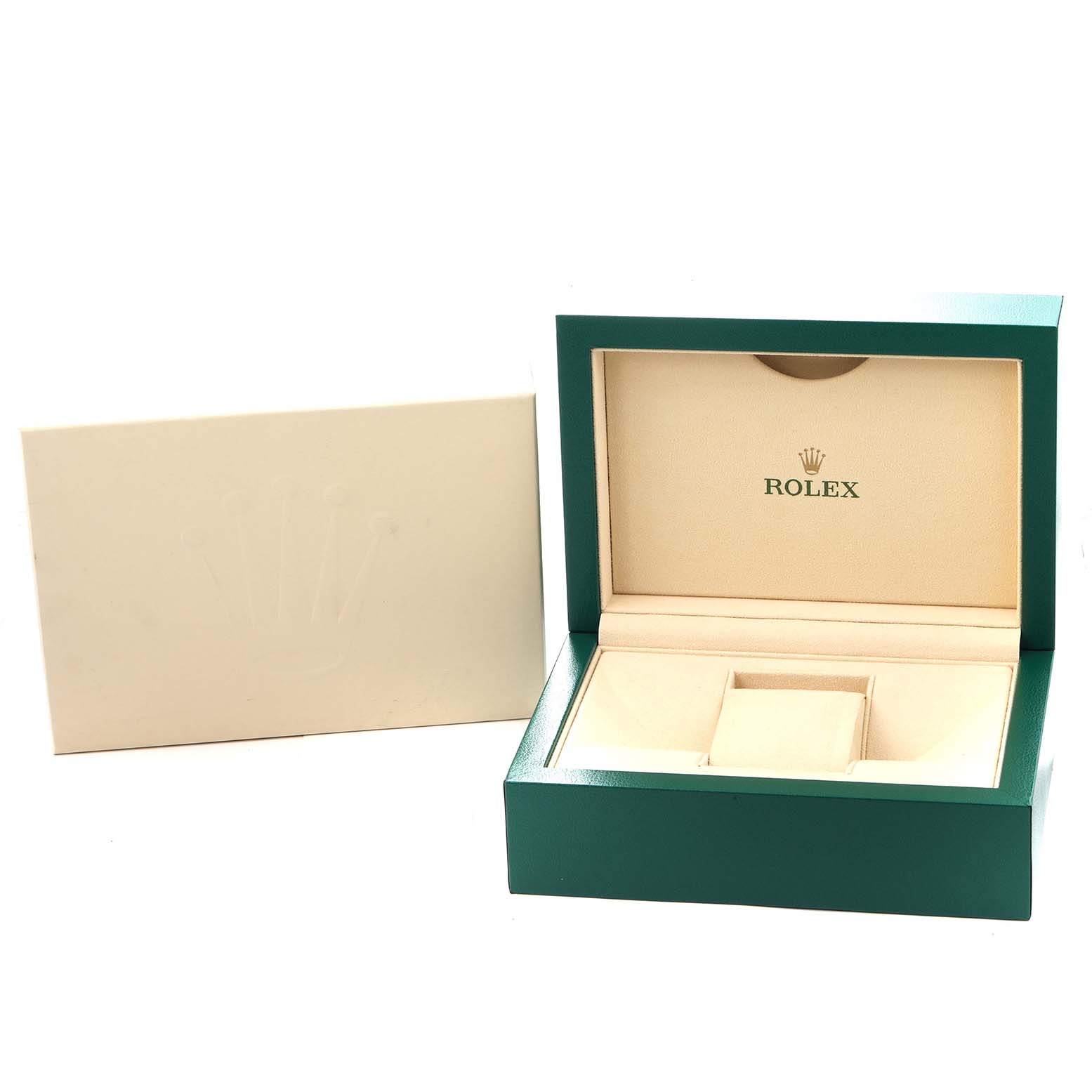 The image shows an open Rolex President model 228238 watch box and outer packaging from a frontal angle.
