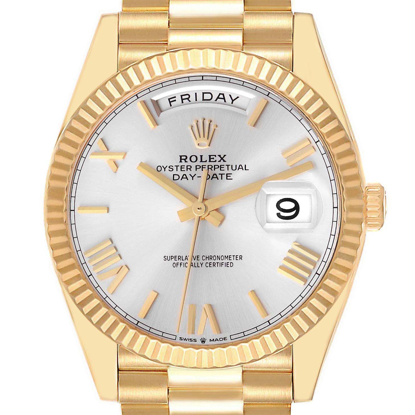 The image shows a frontal view of a Rolex President, model 228238, highlighting its gold case, fluted bezel, day-date display, and bracelet.